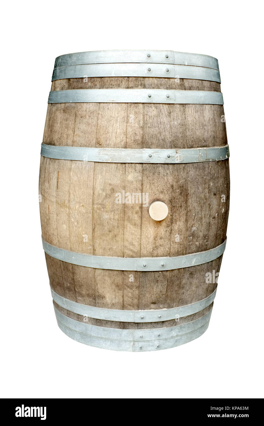 Old wooden barrel with iron rings Stock Photo