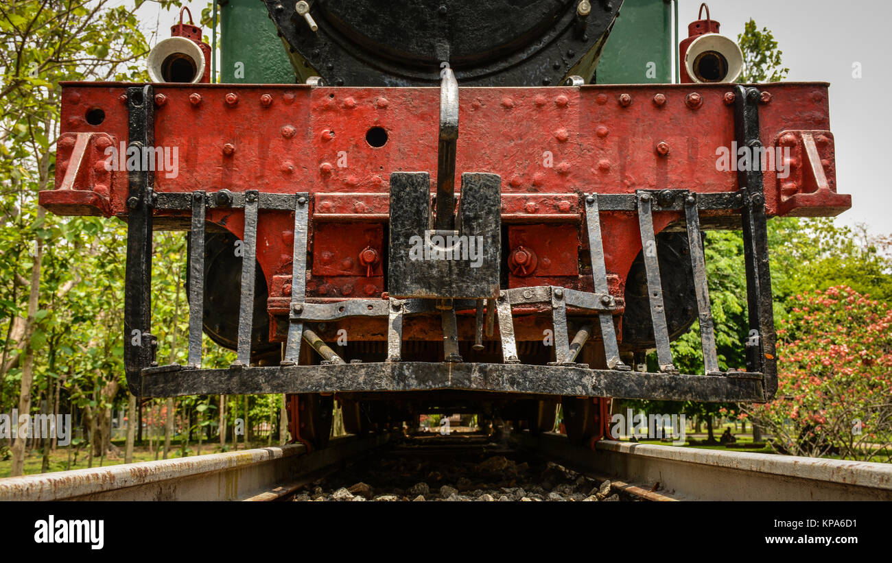 head of ancient train that are parked in the park, to study closely, Yangon, Myanmar, April-2017 Stock Photo