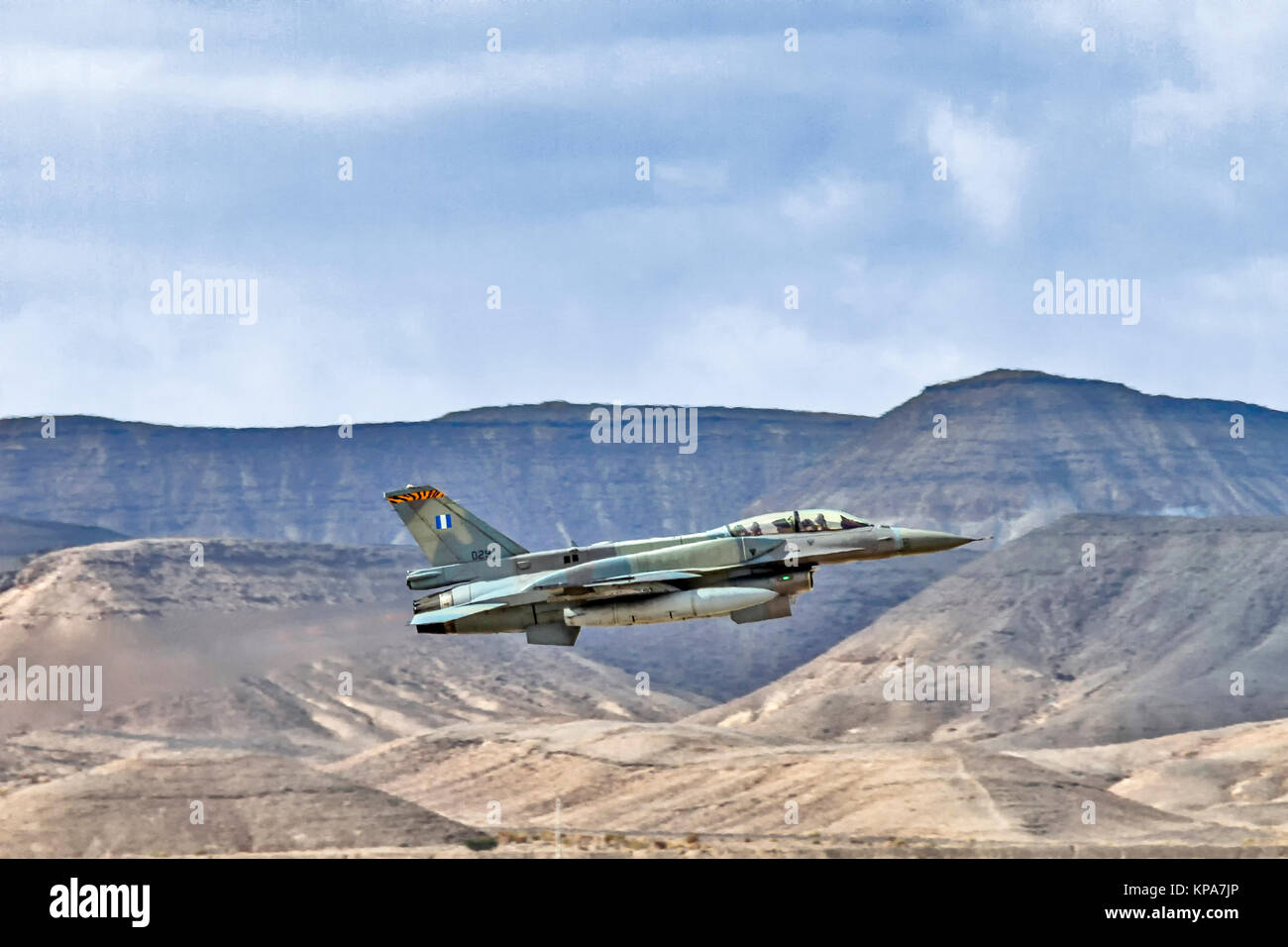Greek Air Force General Dynamics F-16C Block 52+ in flight over the desert. Photographed at the  “Blue-Flag” 2017, an international aerial training ex Stock Photo