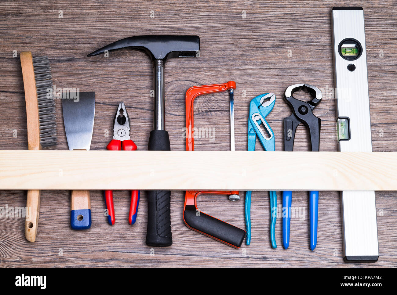 tools on wooden table Stock Photo