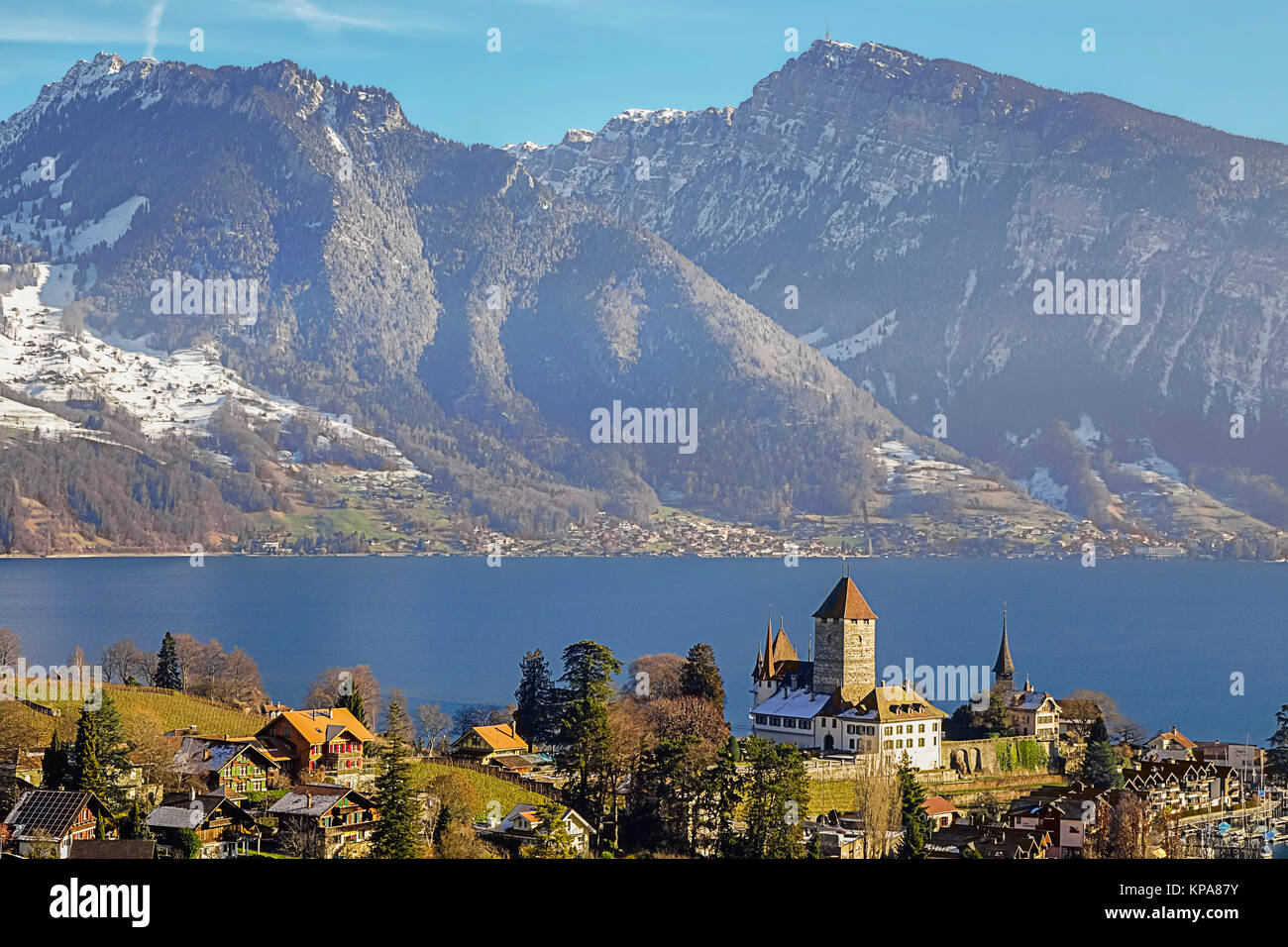 spiez castle with sigriswiler rothorn and gemmenalphorn Stock Photo