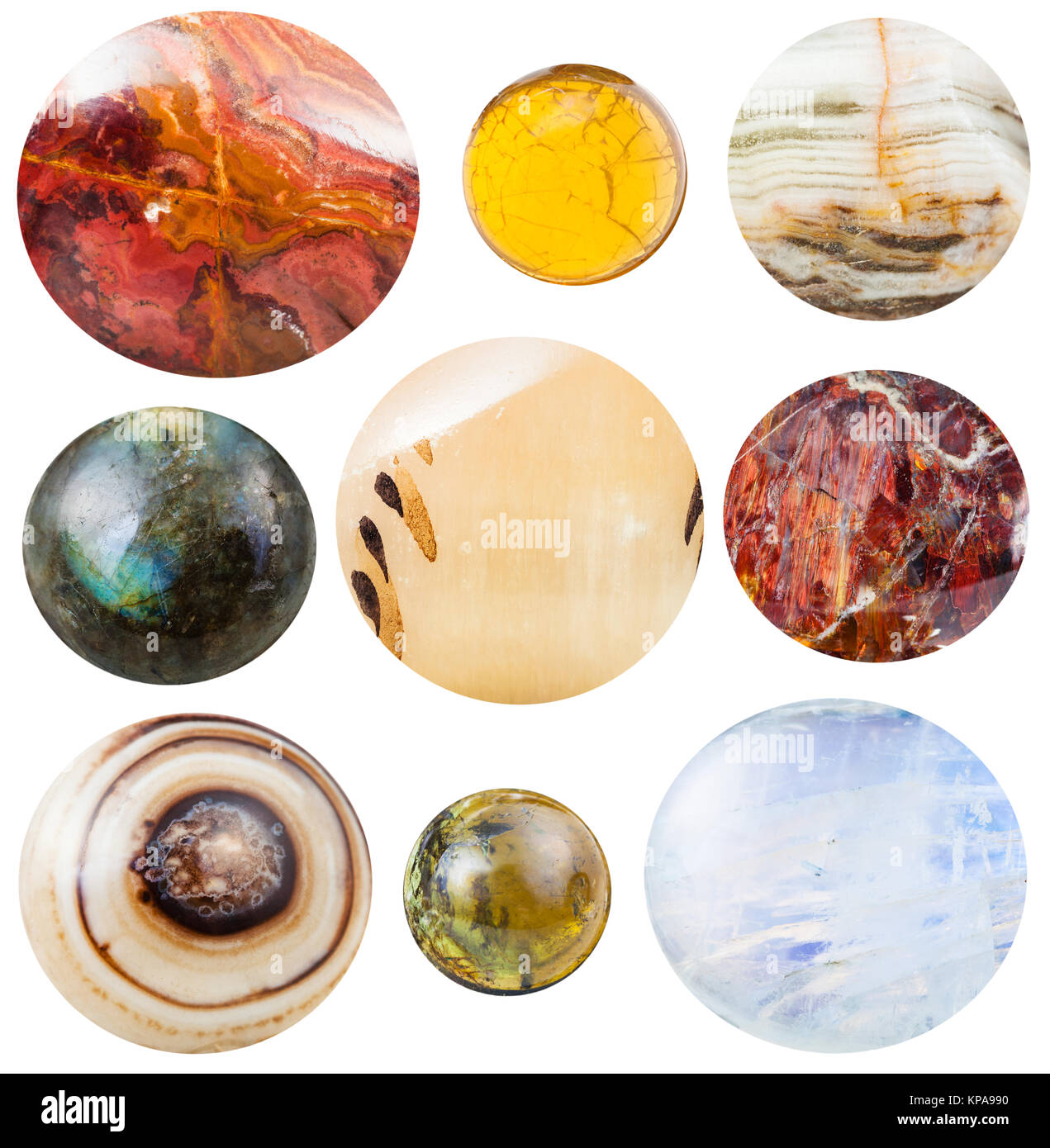 various round cabochon gem stones isolated Stock Photo