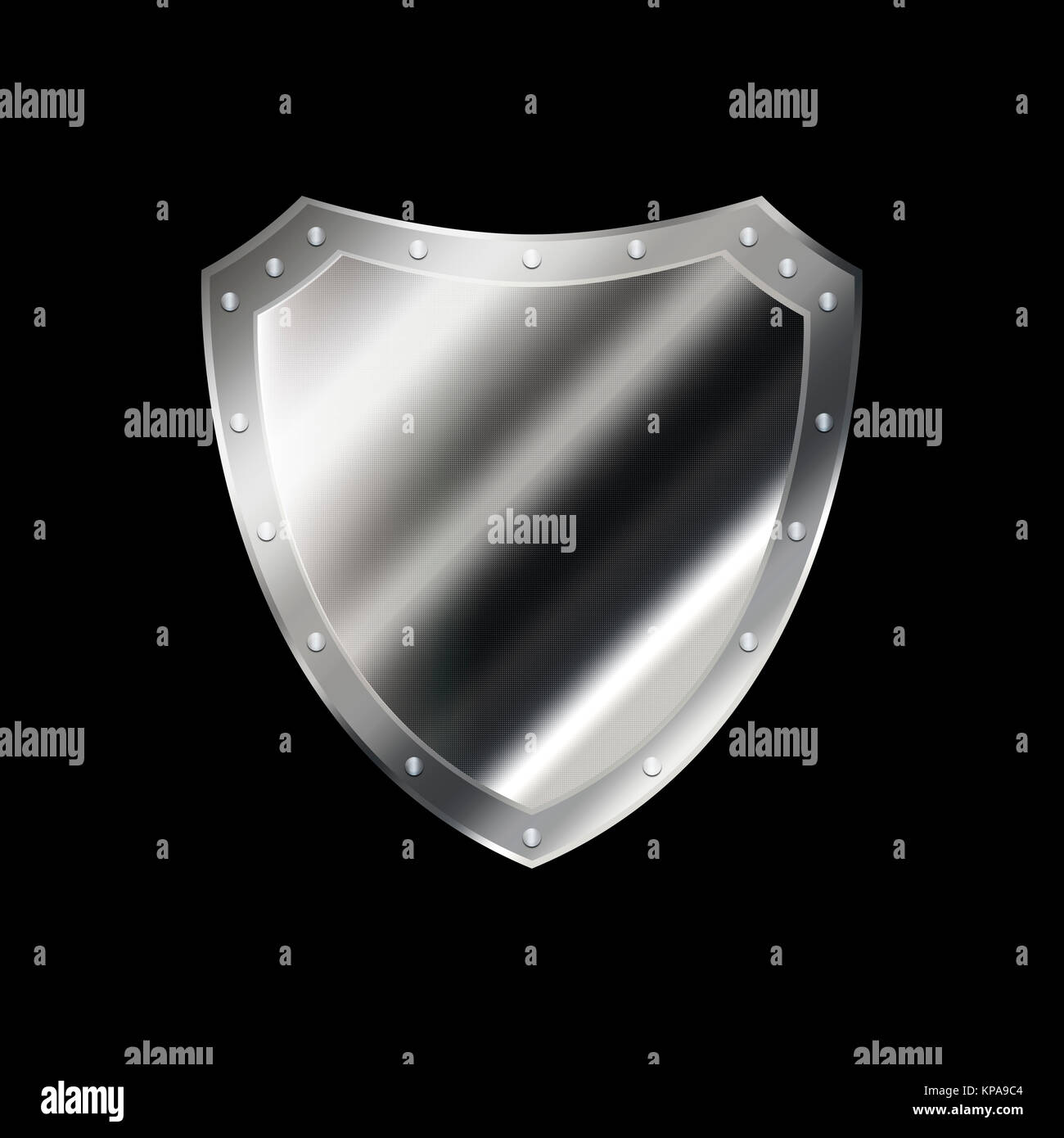 Riveted silver shield on black background. Stock Photo