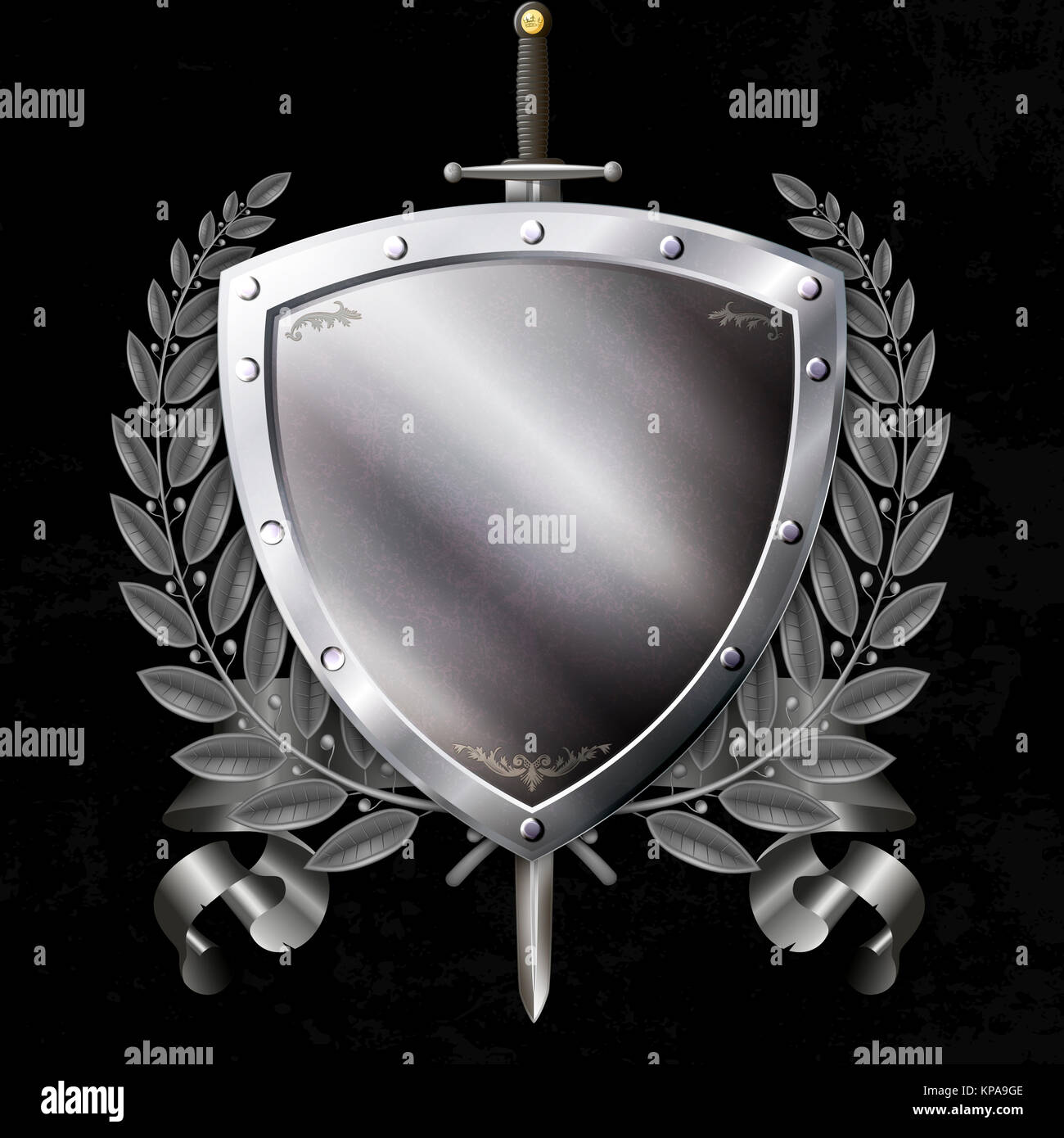 Ancient riveted shield with sword and ribbon and laurel branch on black