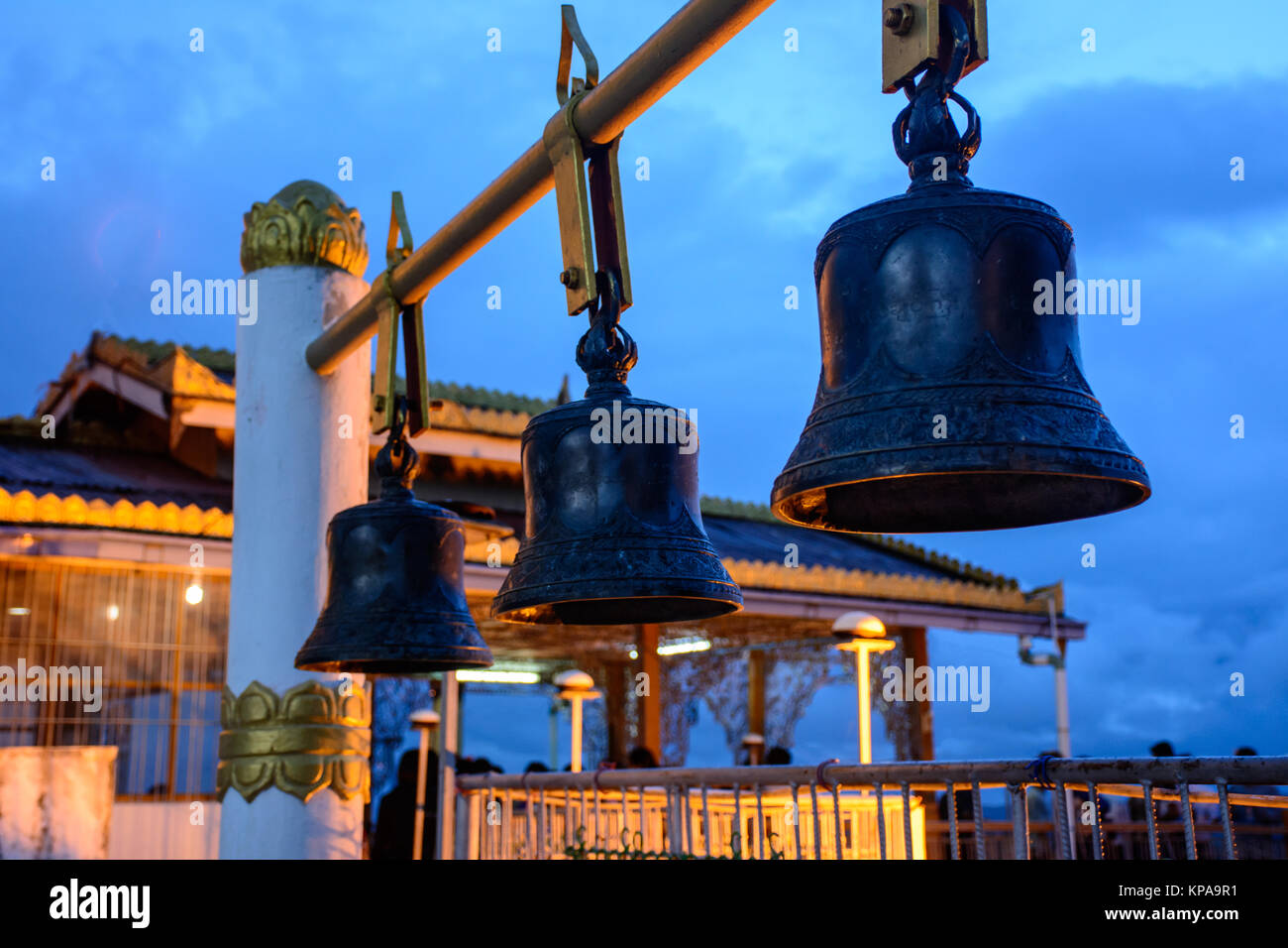 copper bell in Taung Kwe Pagoda, Loikaw, Myanmar. Shoot at evening time. Oct-2017 Stock Photo