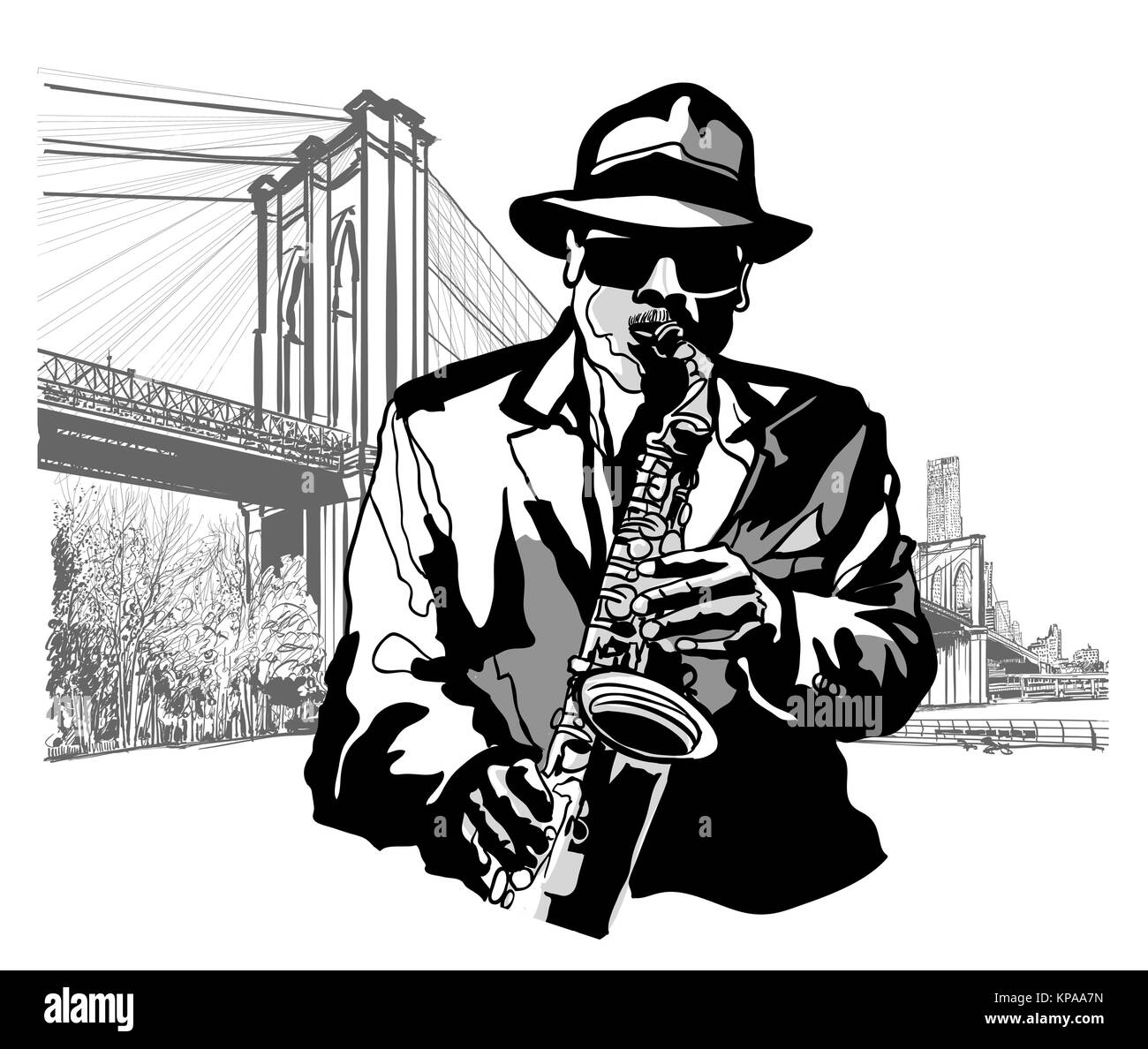 Saxophonist at Brooklyn Bridge - vector illustration Stock Vector
