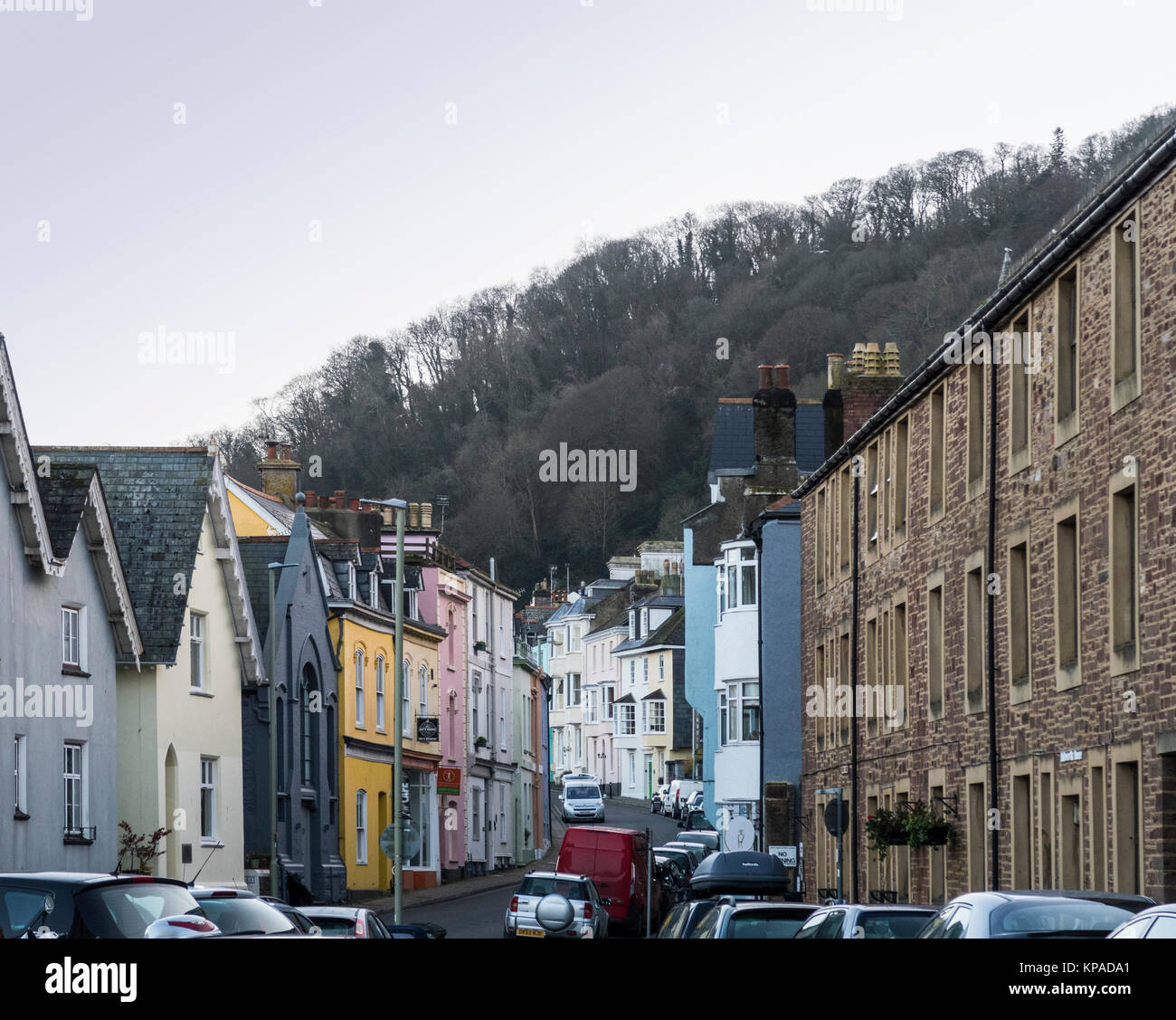 View along Higher Street, Dartmouth, Devon, with a wide variation of