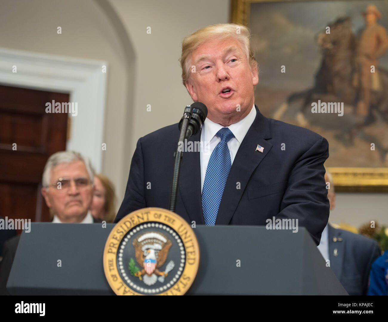 United States President Donald J. Trump speaks before signing the Presidential Space Directive - 1, directing NASA to return to the moon, in the Roosevelt Room of the White House in Washington, Monday, December 11, 2017. Mandatory Credit: Aubrey Gemignani / NASA via CNP       - NO WIRE SERVICE - Photo: Aubrey Gemignani/Consolidated/dpa Stock Photo