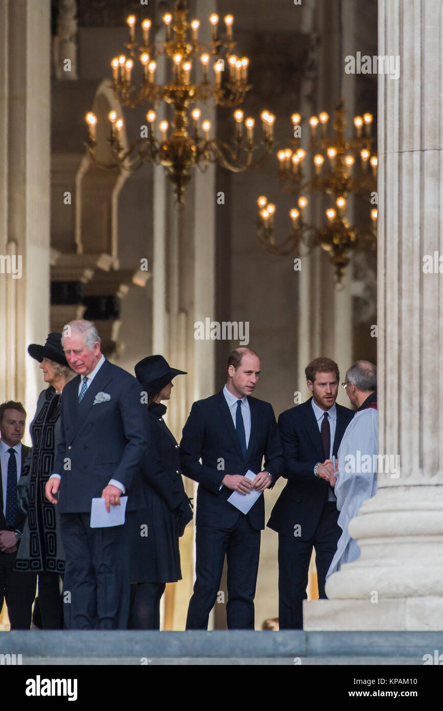 London, UK. 14th December, 2017. Prince Charles and Camilla leave followed by Prince William, Kate and Prince Harry - Grenfell Tower National Memorial Service at St Paul's Cathedral exactly six months on from the Grenfell Tower disaster. Grenfell Tower survivors and families of the bereaved attended and the order of service focused on remembering those who lost their lives, on providing messages of support for the bereaved, and on offering strength and hope for the future, for those of all faiths and none. London 14 December 2017 Credit: Guy Bell/Alamy Live News Stock Photo
