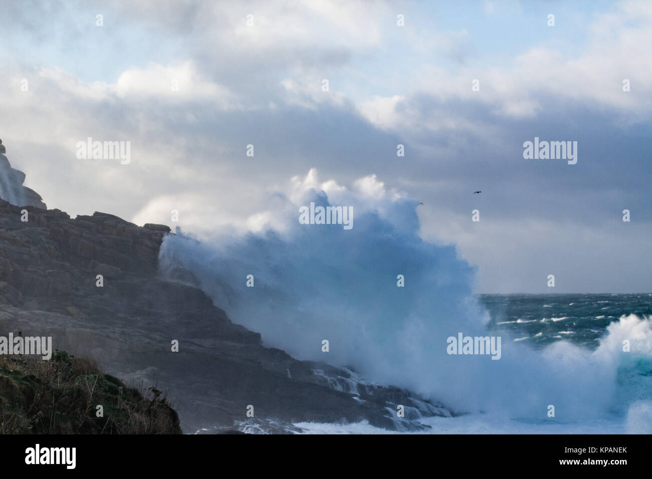 Sennen, Cornwall, UK. 14th Dec, 2017. UK Weather. Strong winds continue to hit the far north west coast of Cornwall. The winds are due to continue throughout the week. Credit: Simon Maycock/Alamy Live News Stock Photo