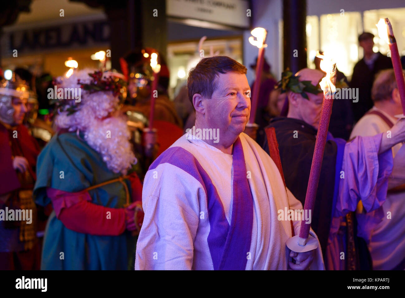 Chester, UK. 14th December 2017. A performer in Roman costume takes part in the annual Winter Watch parade through the city centre. The parade involves musicians, street theatre and costume performances with characters including angels, devils, skeletons and dragons. Credit: Andrew Paterson/Alamy Live News Stock Photo