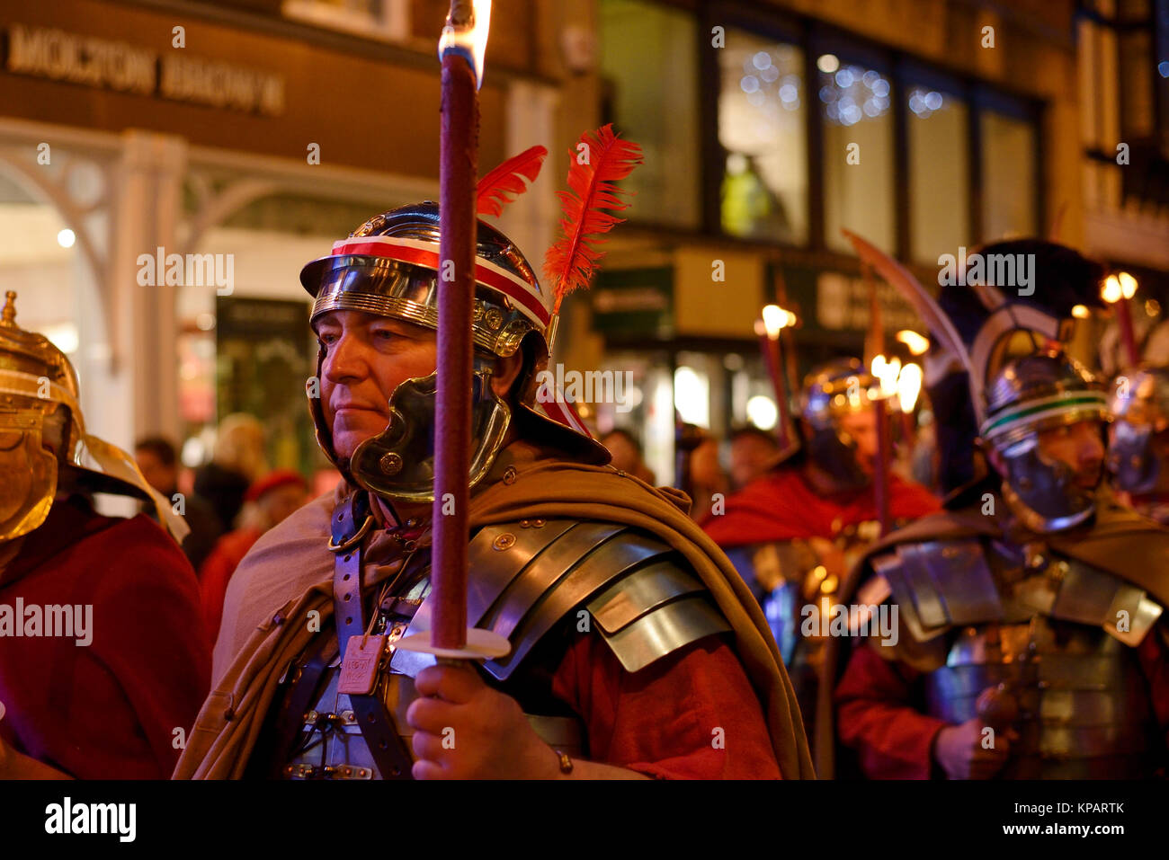 Chester, UK. 14th December 2017. A performer in Roman costume takes part in the annual Winter Watch parade through the city centre. The parade involves musicians, street theatre and costume performances with characters including angels, devils, skeletons and dragons. Credit: Andrew Paterson/Alamy Live News Stock Photo