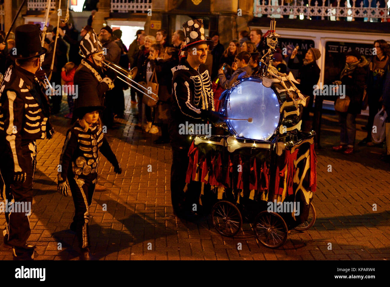 Chester, UK. 14th December 2017. Performers take part in the annual Winter Watch parade through the city centre. The parade involves musicians, street theatre and costume performances with characters including angels, devils, skeletons and dragons. Credit: Andrew Paterson/Alamy Live News Stock Photo