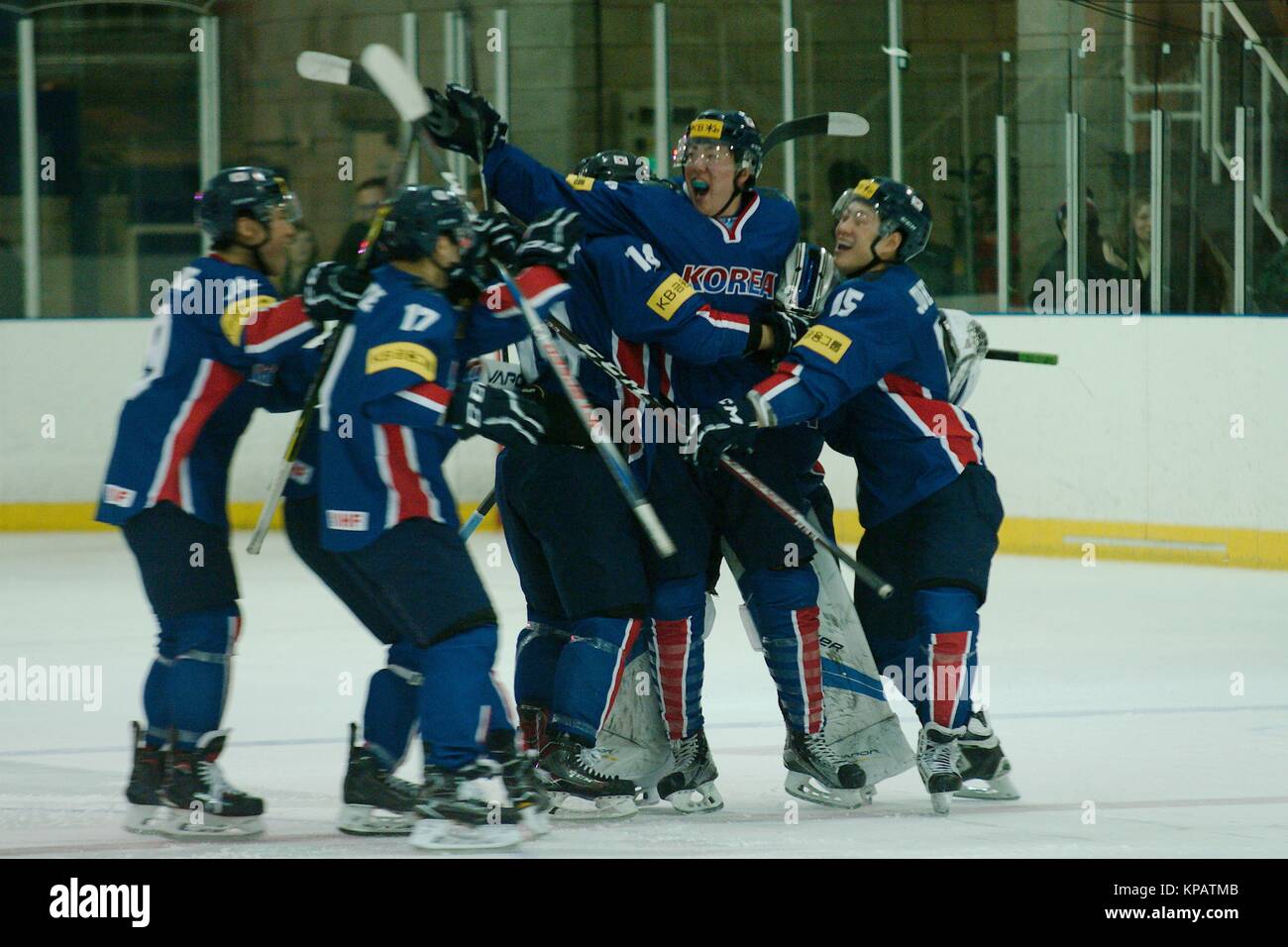 Dumfries, Scotland, 14 December 2017. Korea celebrating their penalty shoot out win over Great Britainin the 2018 IIHF Ice Hockey U20 World Championship Division II, Group A match in Dumfries. Credit: Colin Edwards/Alamy Live News. Stock Photo