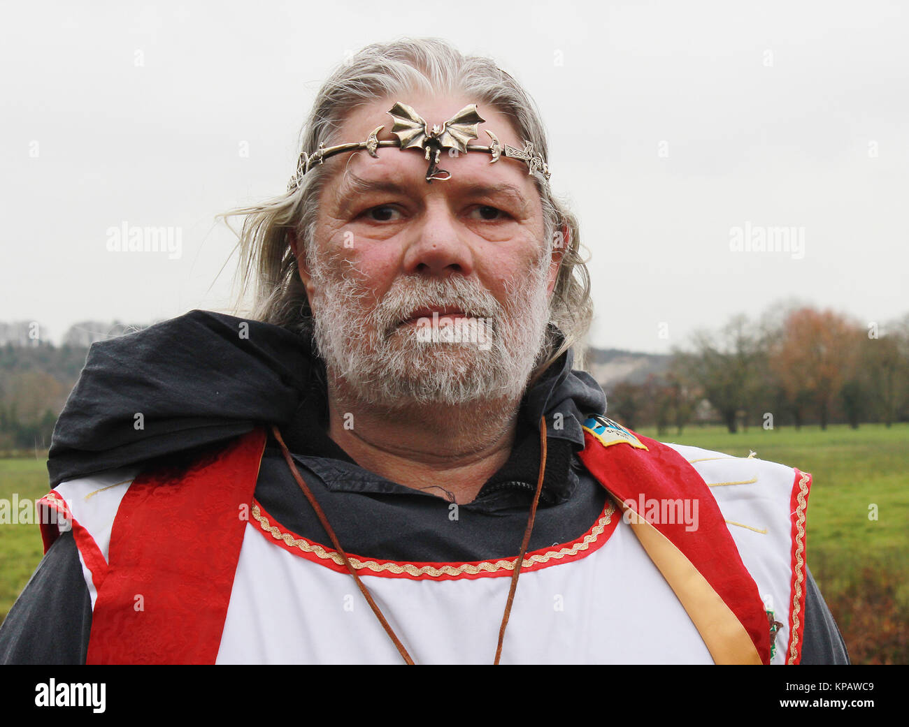 Salisbury, UK. 11th Dec, 2017. Arthur Pendragon (formerly John Rothwell), Druid and self-appointed king, taken in Salisbury, England, 11 December 2017. He is lodged in a continuous dispute with the organisation 'English Heritage'. Visitors aren't usually allowed inside the stone circle - winter solstice is one of the few exceptions. Credit: Charlotte Zink/dpa/Alamy Live News Stock Photo