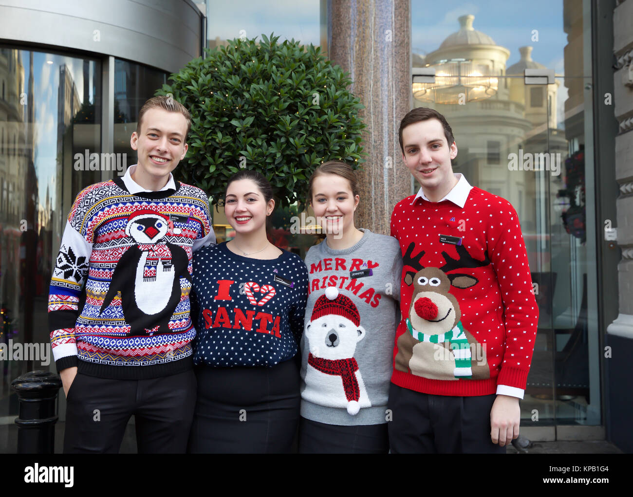London, UK. 15th Dec, 2017. Amba Hotel staff in Charing Cross London join in Christmas Jumper Day, now in its fifth year, to raise money for Save the Children fund. Credit: Keith Larby/Alamy Live News Stock Photo