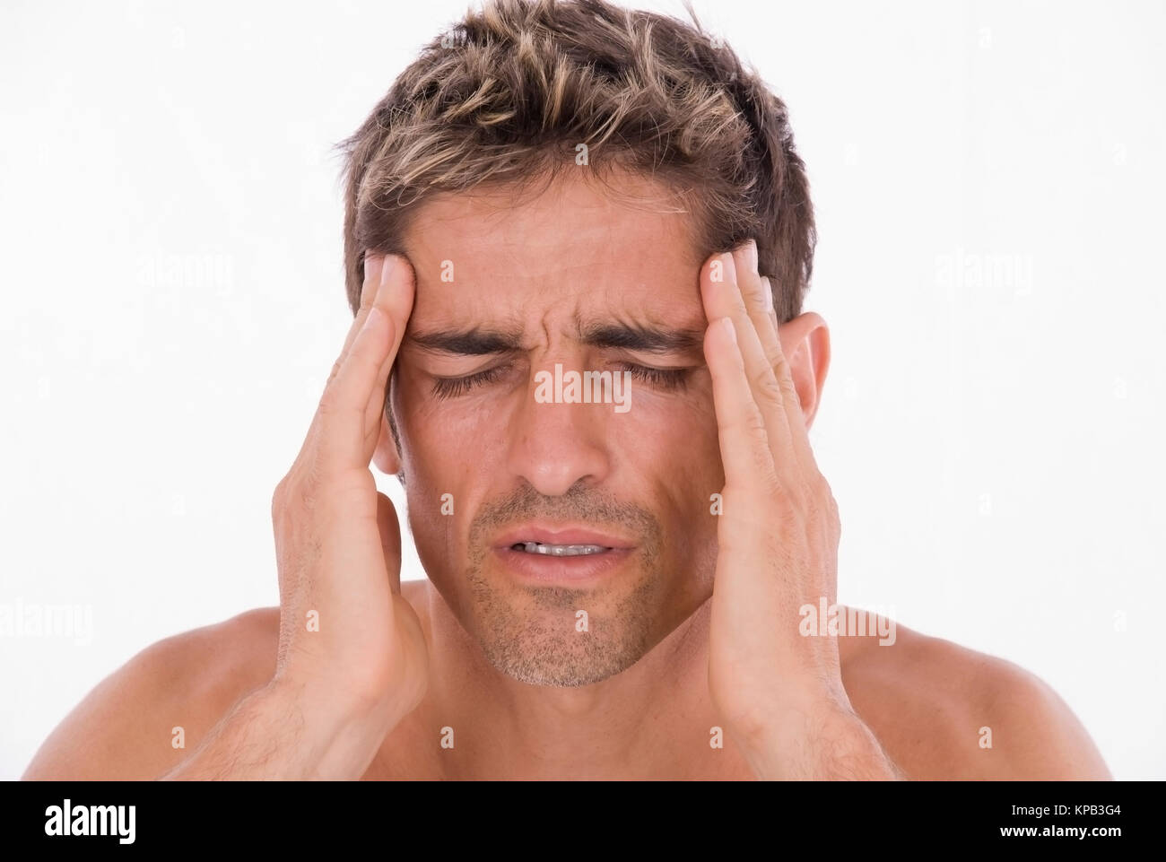 Model release, Mann, 35+, mit Kopfschmerzen - man with headache Stock Photo