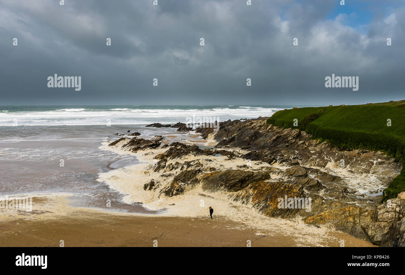 Foam caused by Atlantic Storm Brian at Fistral Beach, Cornwall, UK Stock Photo