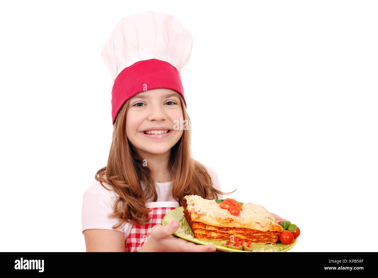 happy little girl cook with Italian lasagne Stock Photo
