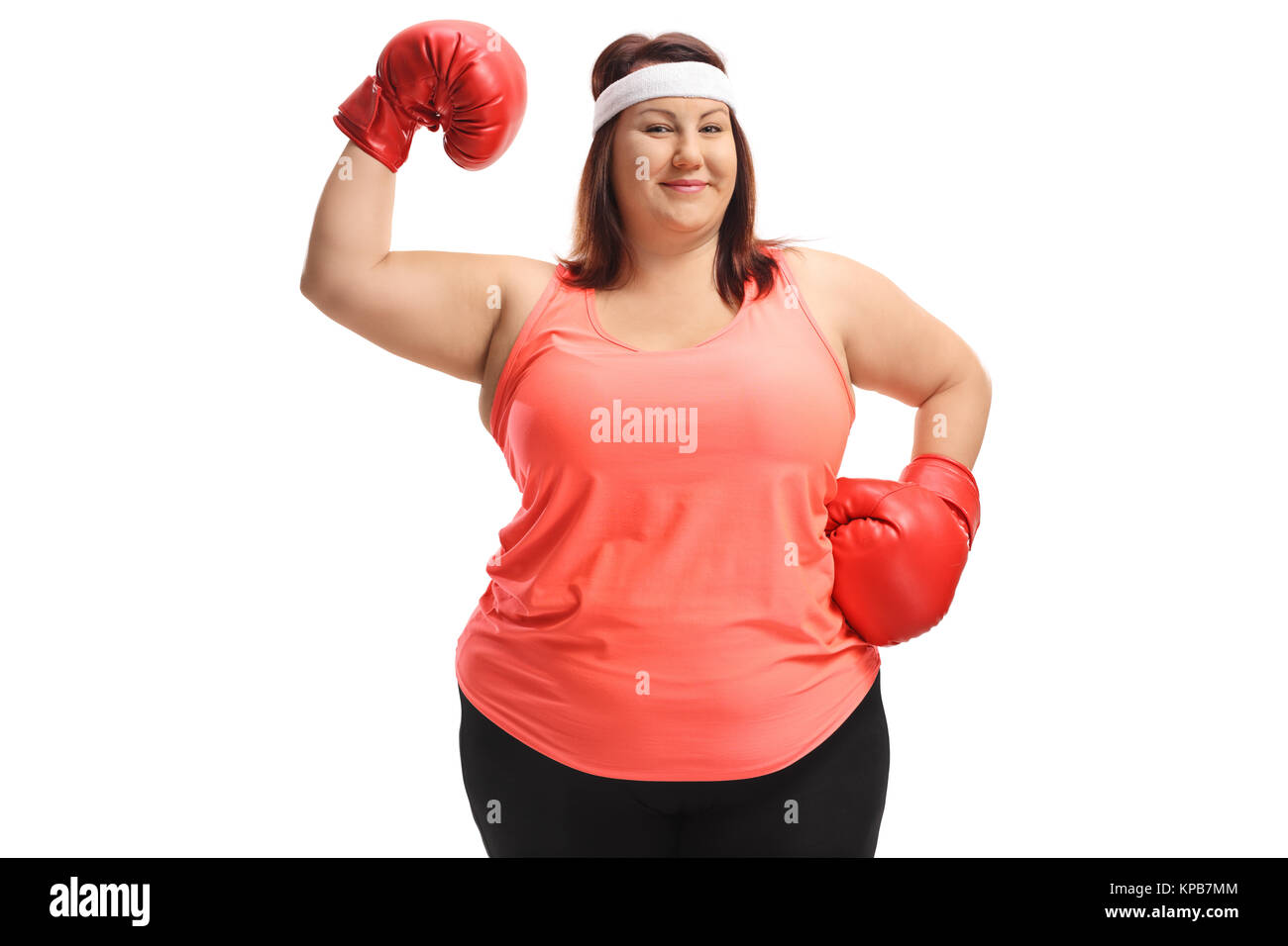 Overweight woman with boxing gloves flexing her biceps isolated on