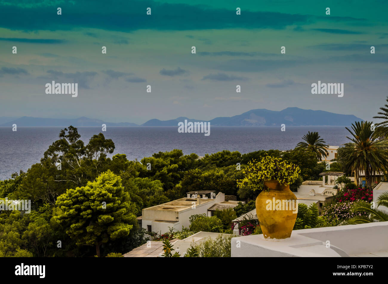 view of the Tyrrhenian Sea and other Aeolian Islands from the island of Panarea Stock Photo