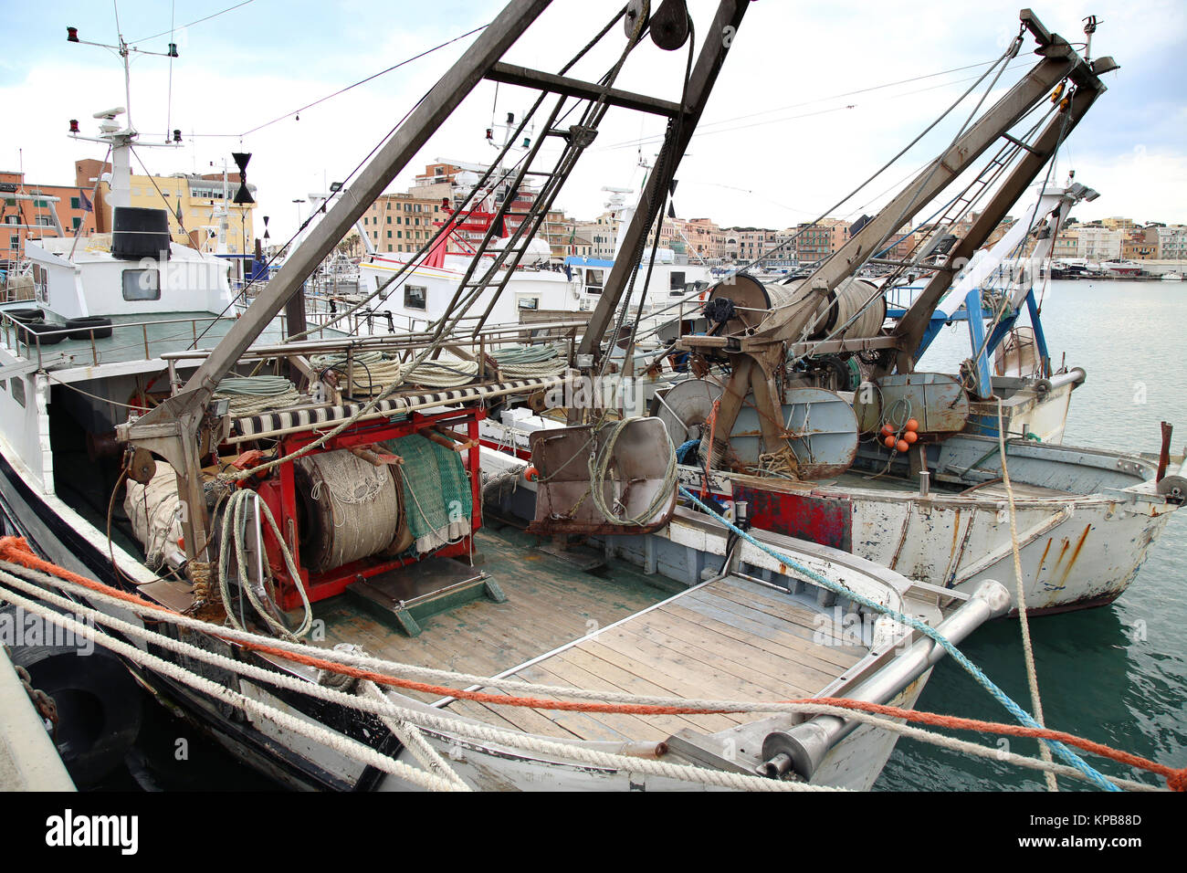 Panoramic view of port Anzio, with the fishing boats and fishing nets, Italia Stock Photo