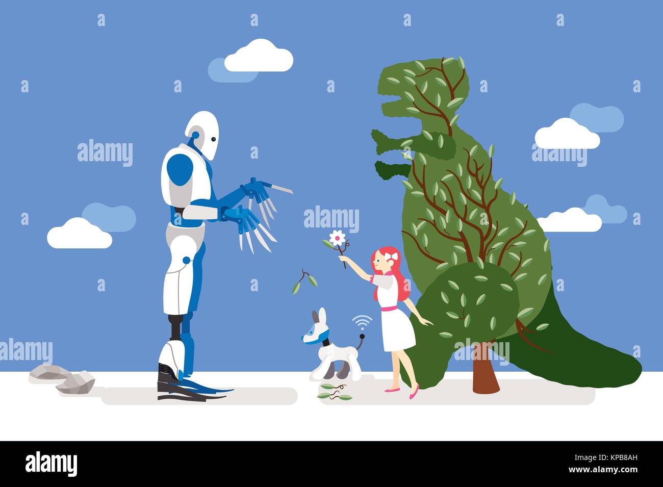 vector illustration about artificial intelligence and his risks.  A little innocent girl interacts with a gardener robot and offers him a flower Stock Vector