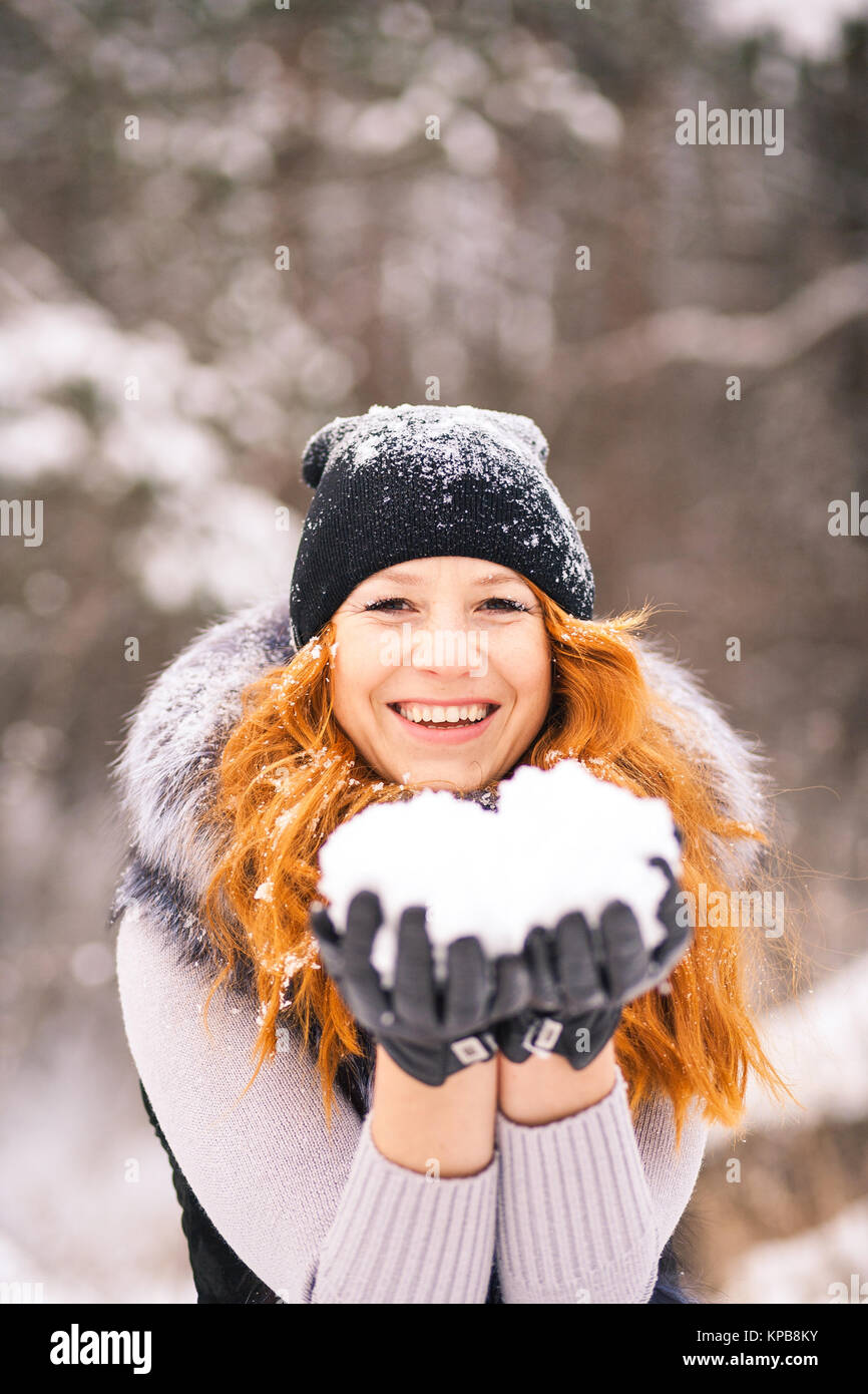 Blowing Snow. Nature Covered Snow. Happiness. Exciting Winter Photoshoot  Ideas. Snow Games. Winter Outfit Stock Photo - Image of frost, beauty:  199017986