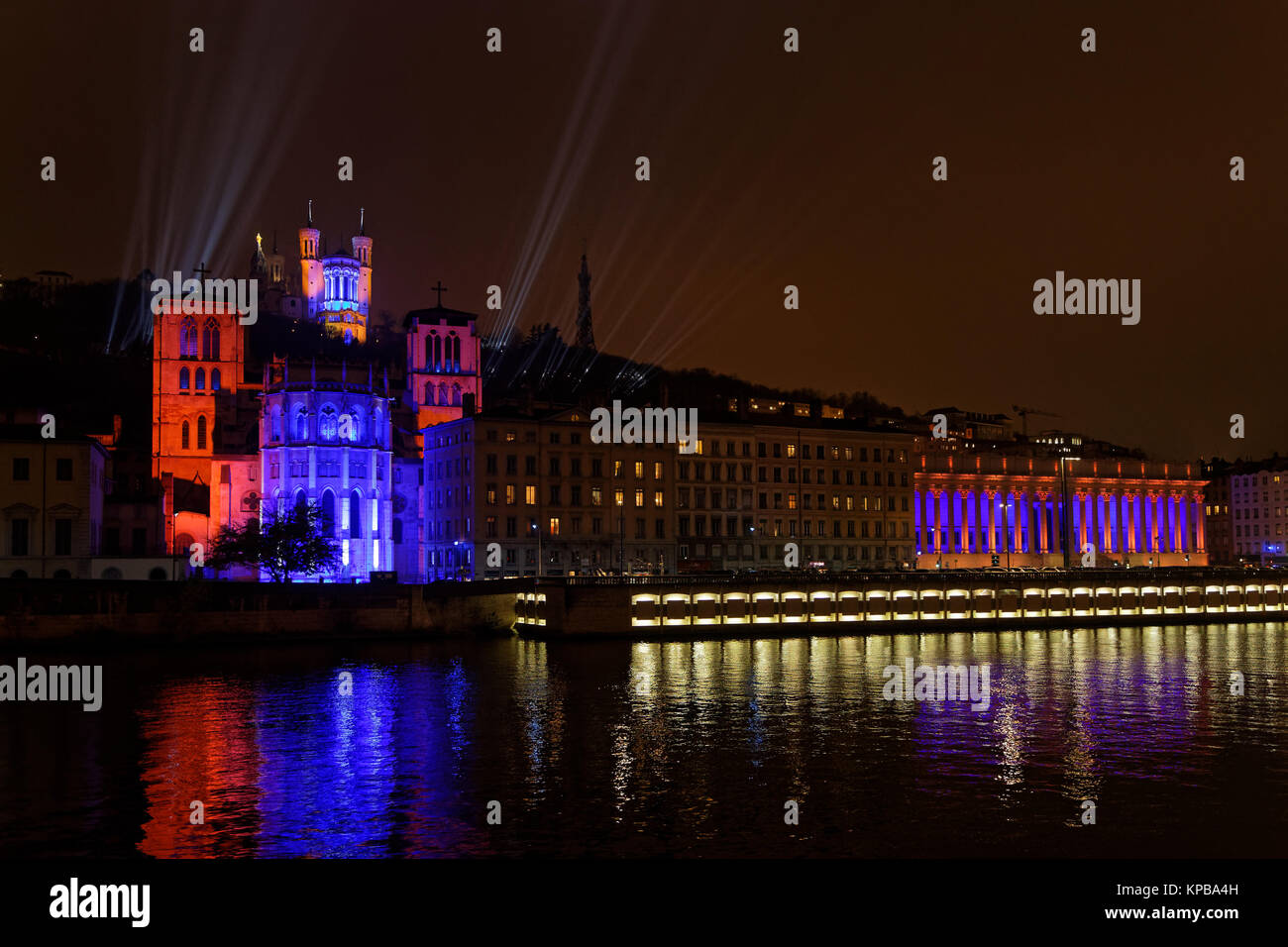 LYON, FRANCE, December 6, 2017 : Cathedral Saint-jean lighten for rehearsal of Festival of the lights, that takes up with the tradition during four ni Stock Photo