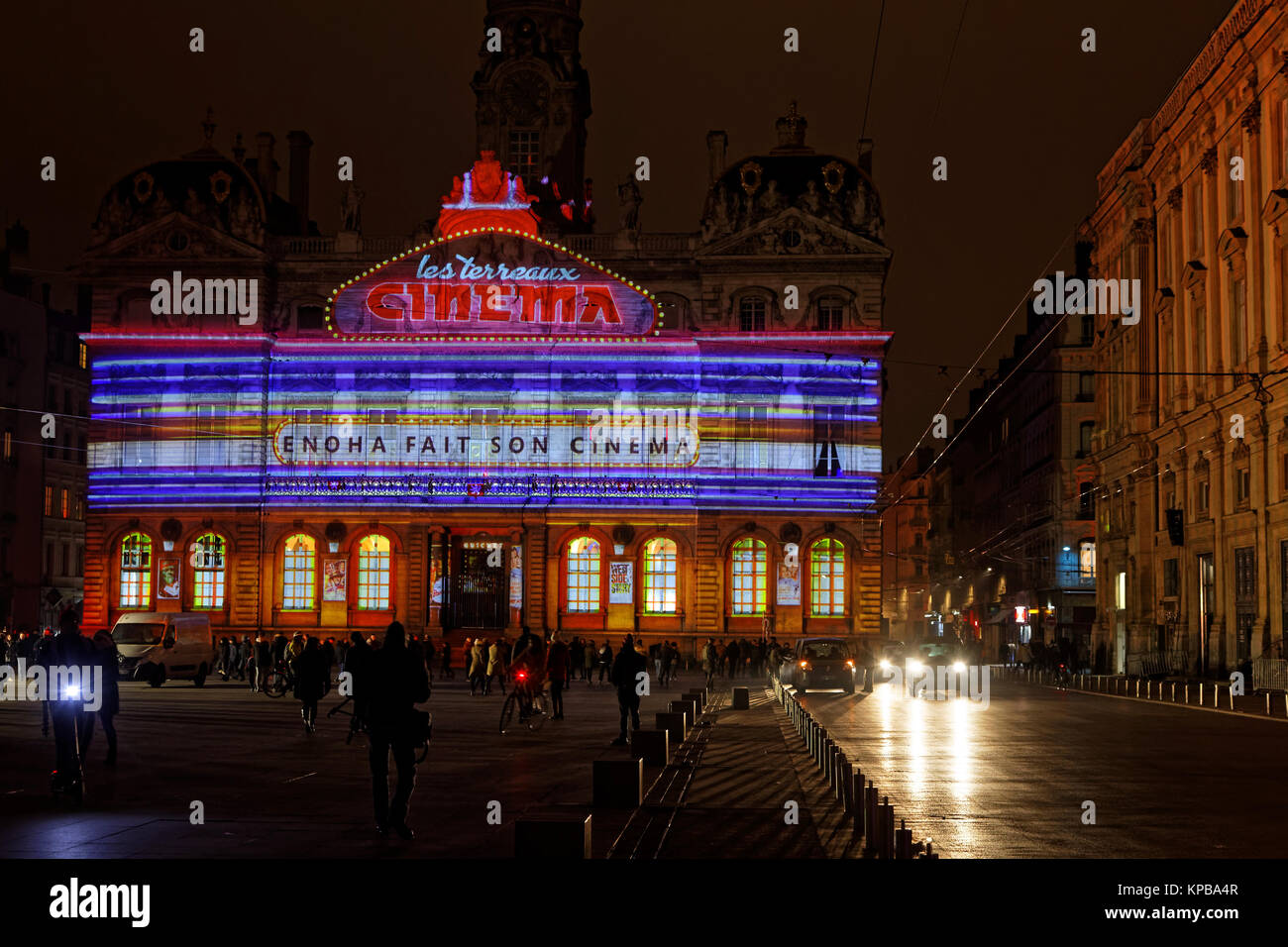 LYON, FRANCE, December 6, 2017 : Place des Terreaux during rehearsal of Festival of the lights, that takes up with the tradition during four nights th Stock Photo