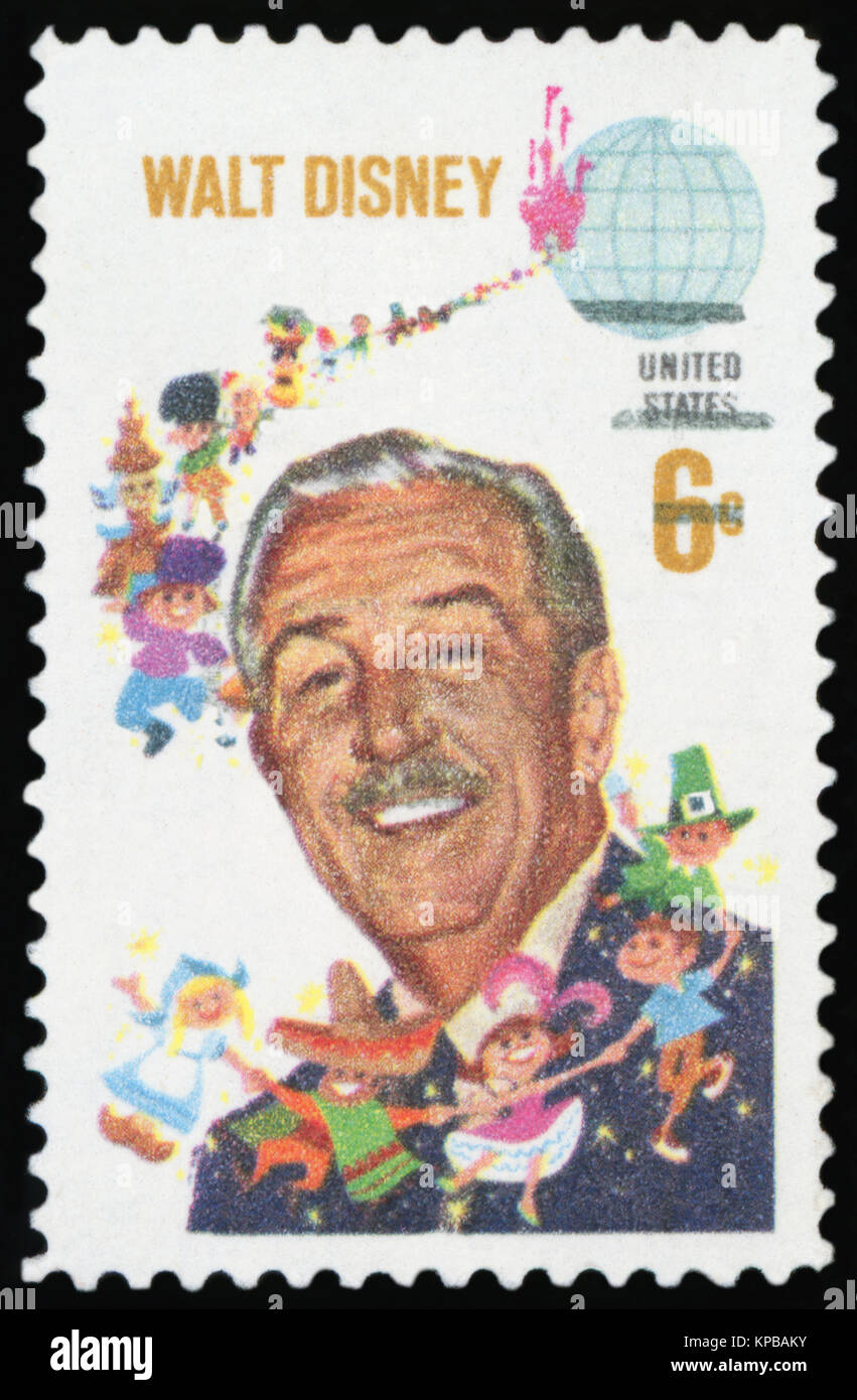 UNITED STATES OF AMERICA - CIRCA 1968: A used postage stamp from the USA, depicting an image of American animator, voice actor and film producer Walt Stock Photo