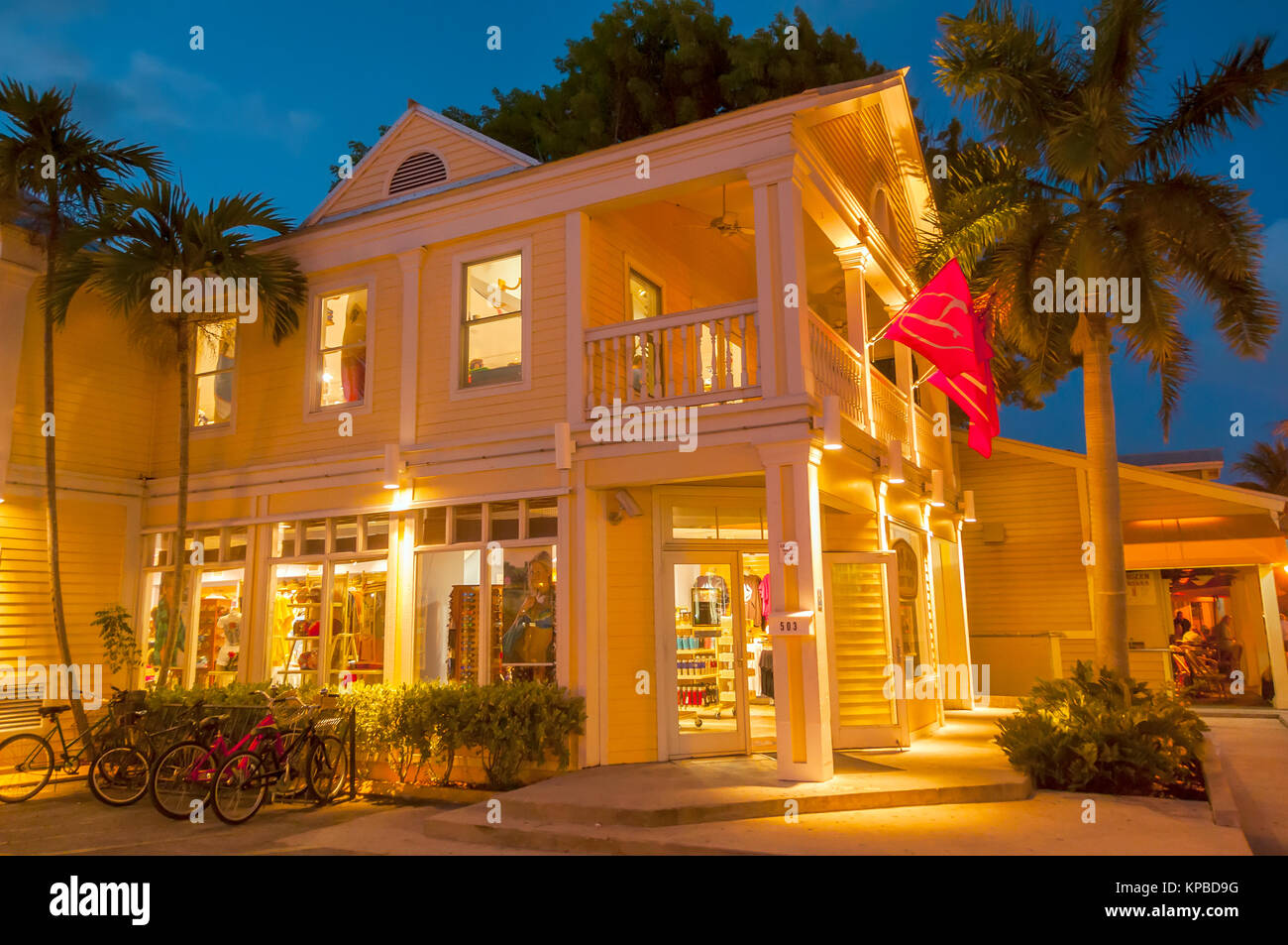 Duval Street clothing store on a quiet night, Key West, Florida Stock Photo