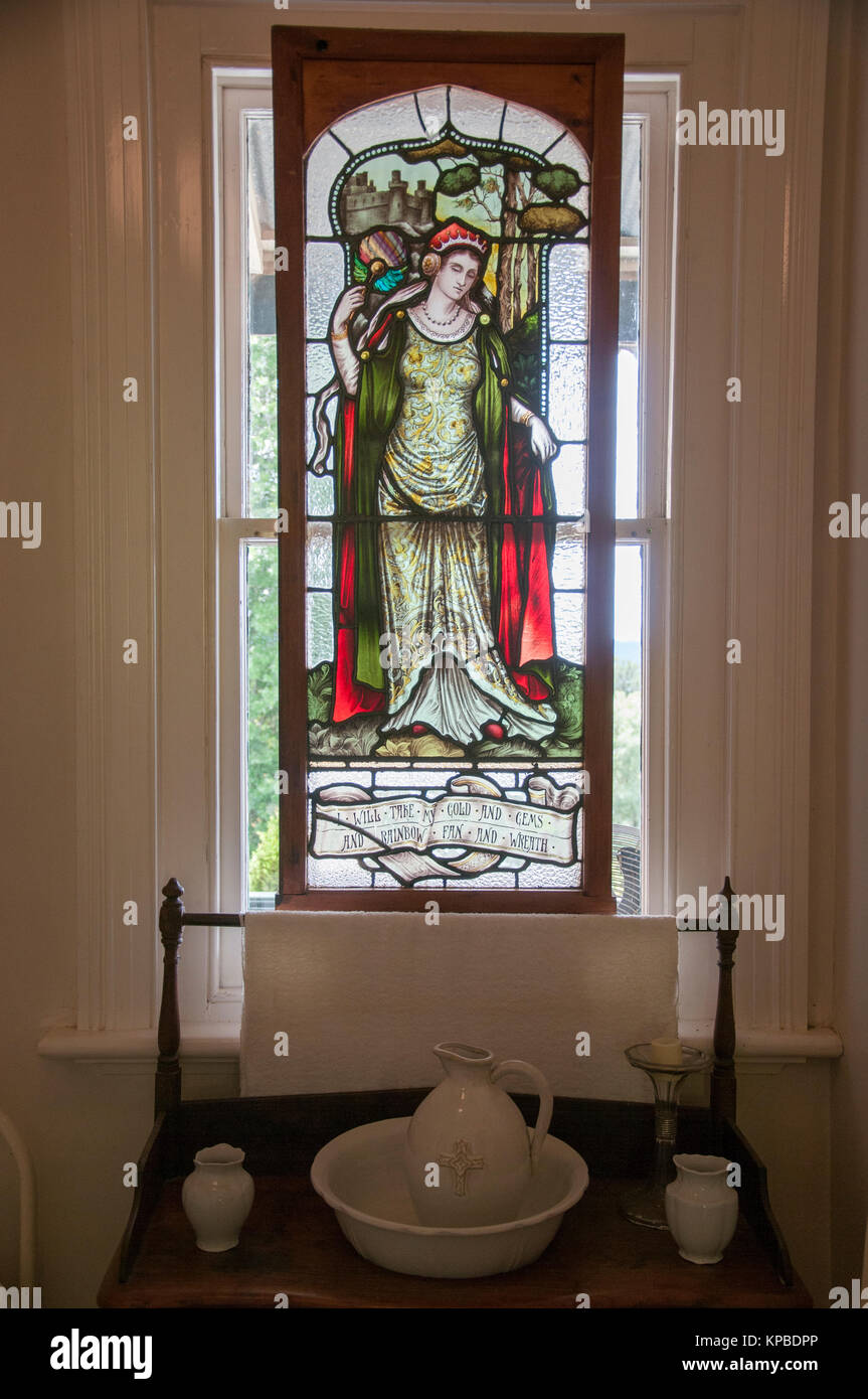 Leadlight window in a nun's cell at the 19th century Convent Gallery in the gold rush-era town of Daylesford, Victoria, Australia Stock Photo