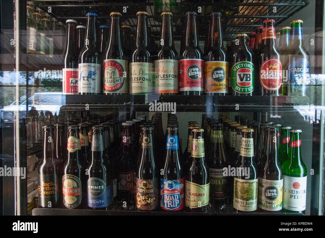 Craft beers displayed in a cabinet at the Old Glenlyon General Storein the Central Highlands of Victoria, Australia Stock Photo