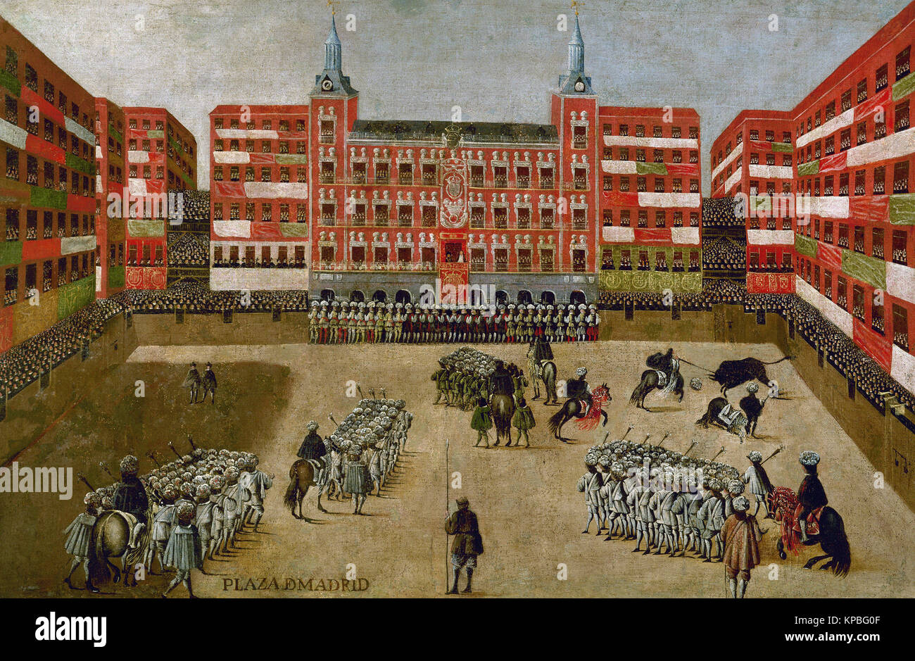 Spanish School -  View of the Plaza Mayor during the ferias Marianne of Austria and Charles II 17th century Stock Photo