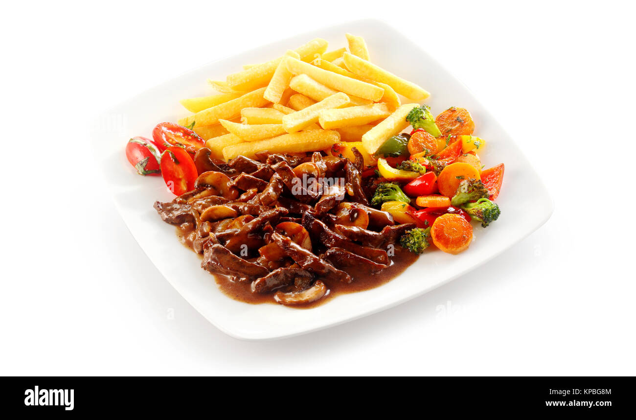 meat cut into strips veal in gravy serving size with clipping path