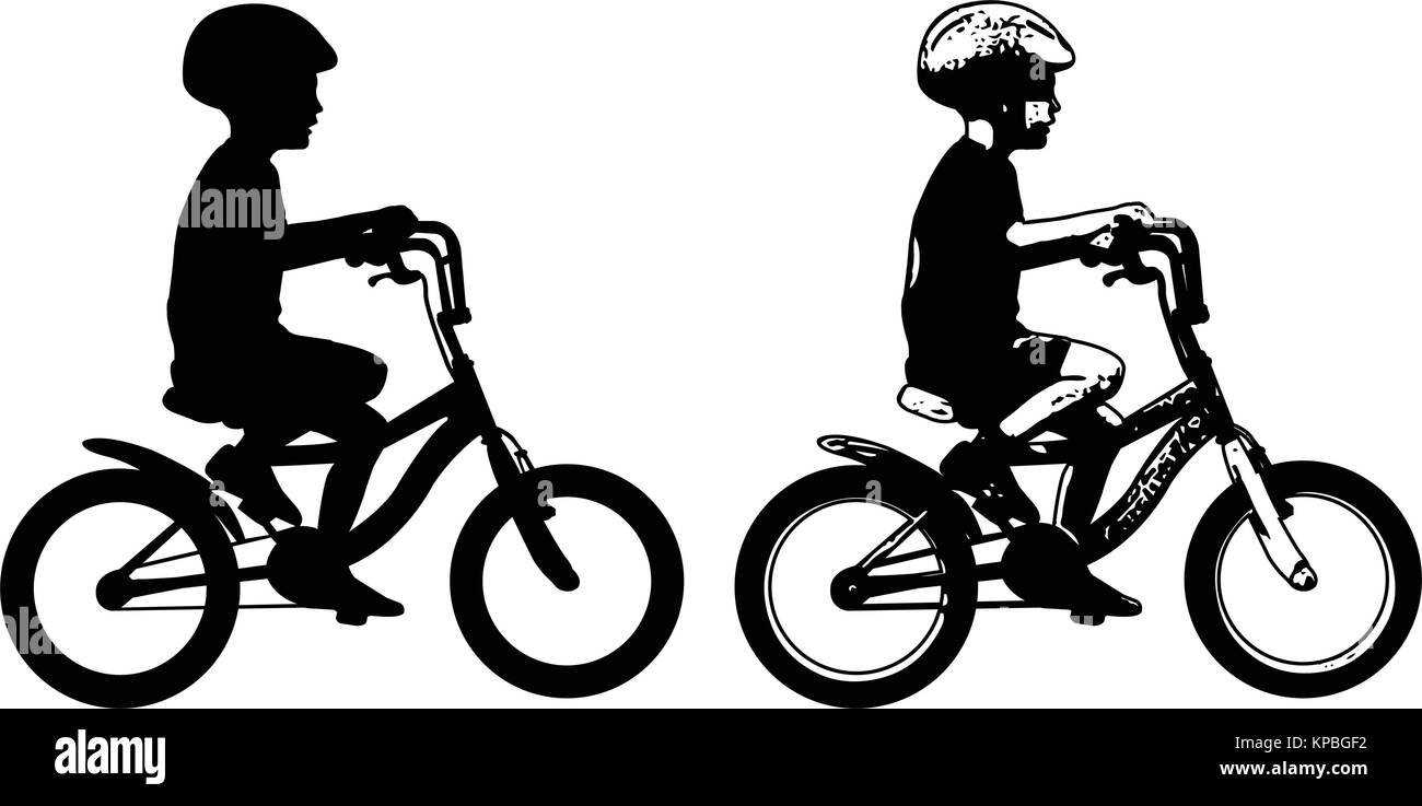 little boy riding bicycle silhouette and sketch illustration - vector Stock Vector