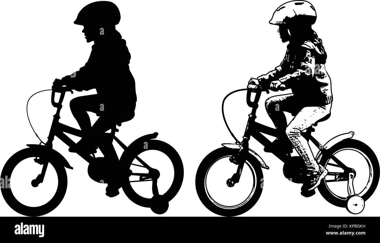 little girl riding bicycle silhouette and sketch illustration - vector Stock Vector