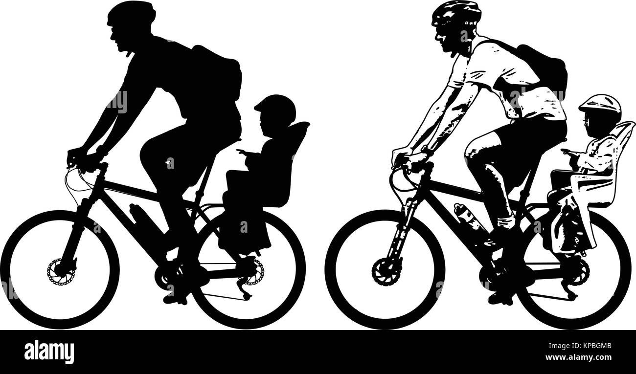 father riding a toddler in bicycle baby seat silhouette and sketch - vector Stock Vector