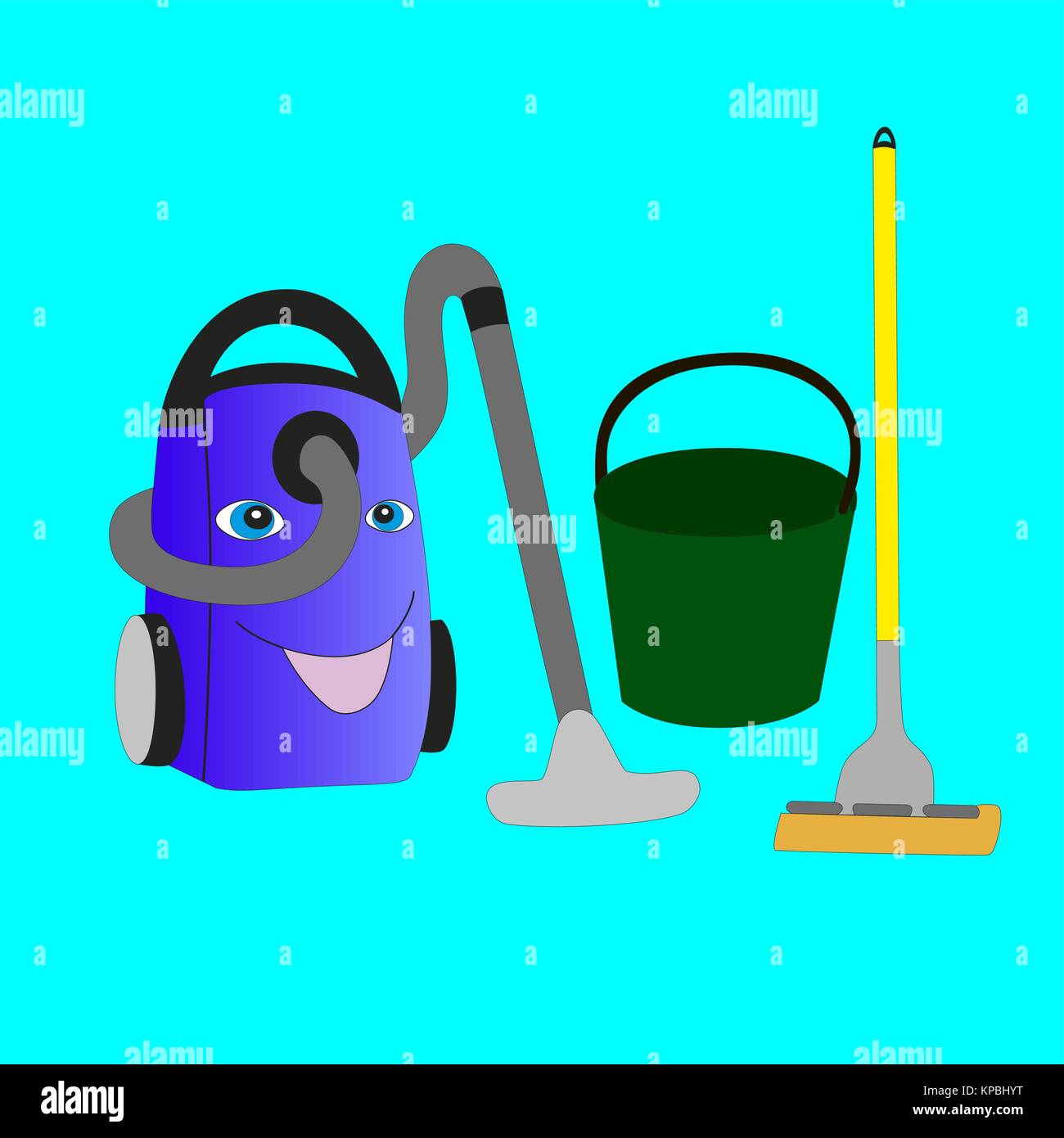 Smiling vacuum cleaner, bucket and mop isolated on blue background