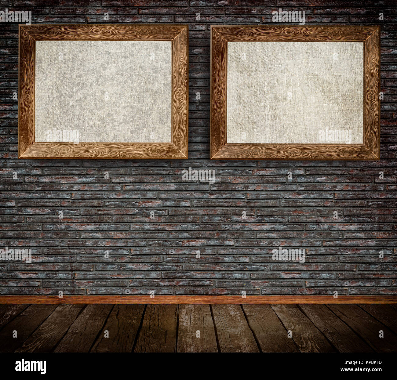 Oldfashioned wooden frames with canvas on bricks wall Stock Photo Alamy
