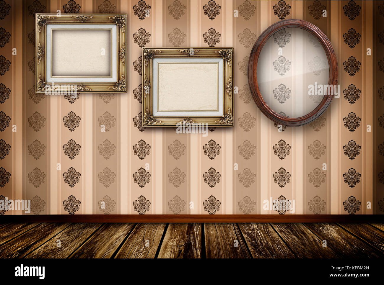 Old wall with decorative wallpapers and wooden old-fashioned frames. Stock Photo