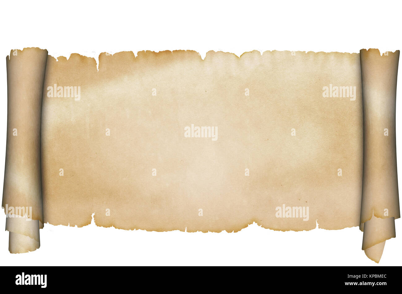 Ancient scroll of parchment isolated on white background. Natural old paper material. Stock Photo