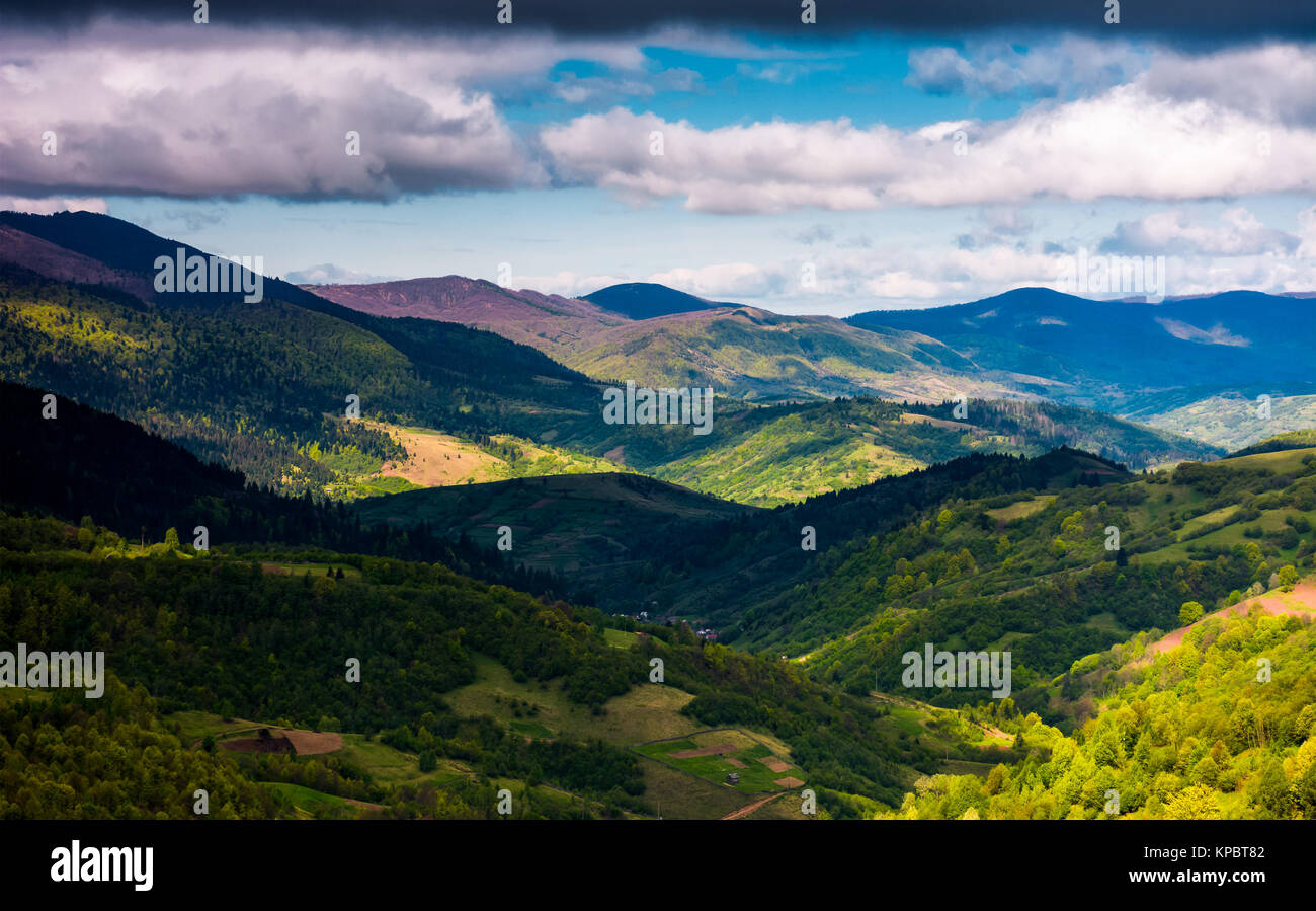 rolling forested hills on a cloudy springtime day. beautiful scenery of mountainous countryside Stock Photo