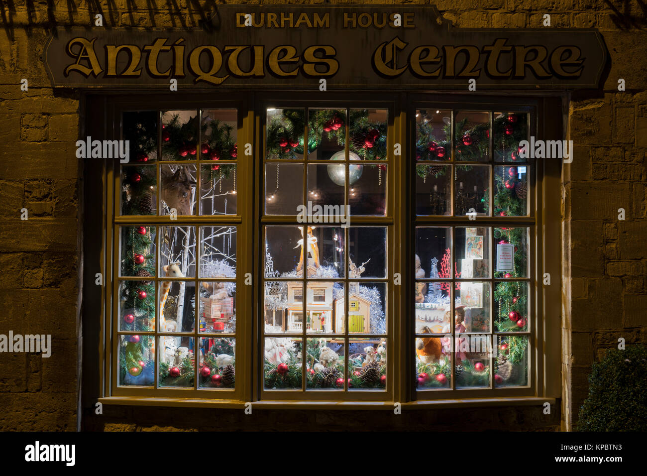 Durham house antiques centre christmas shop window display at night