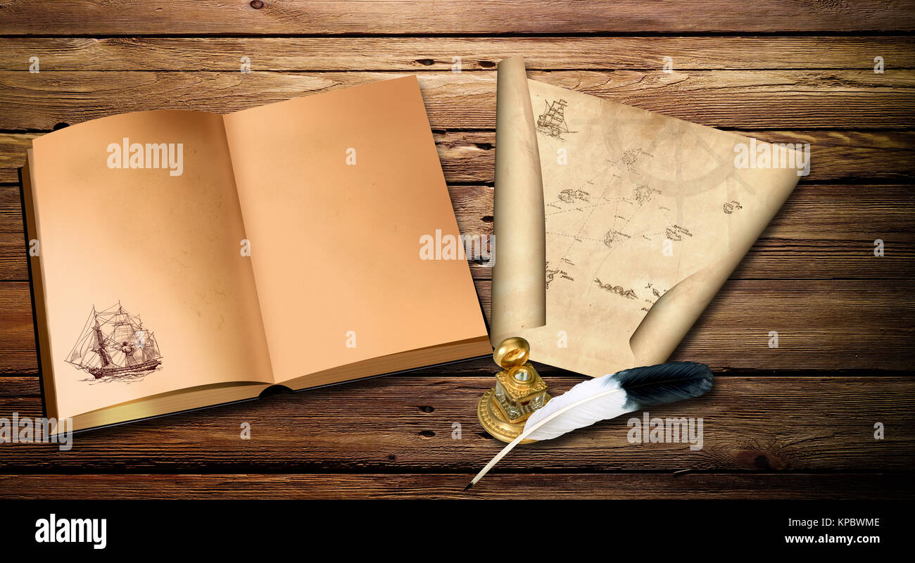 Old sea map and old book on a old wooden table. Stock Photo