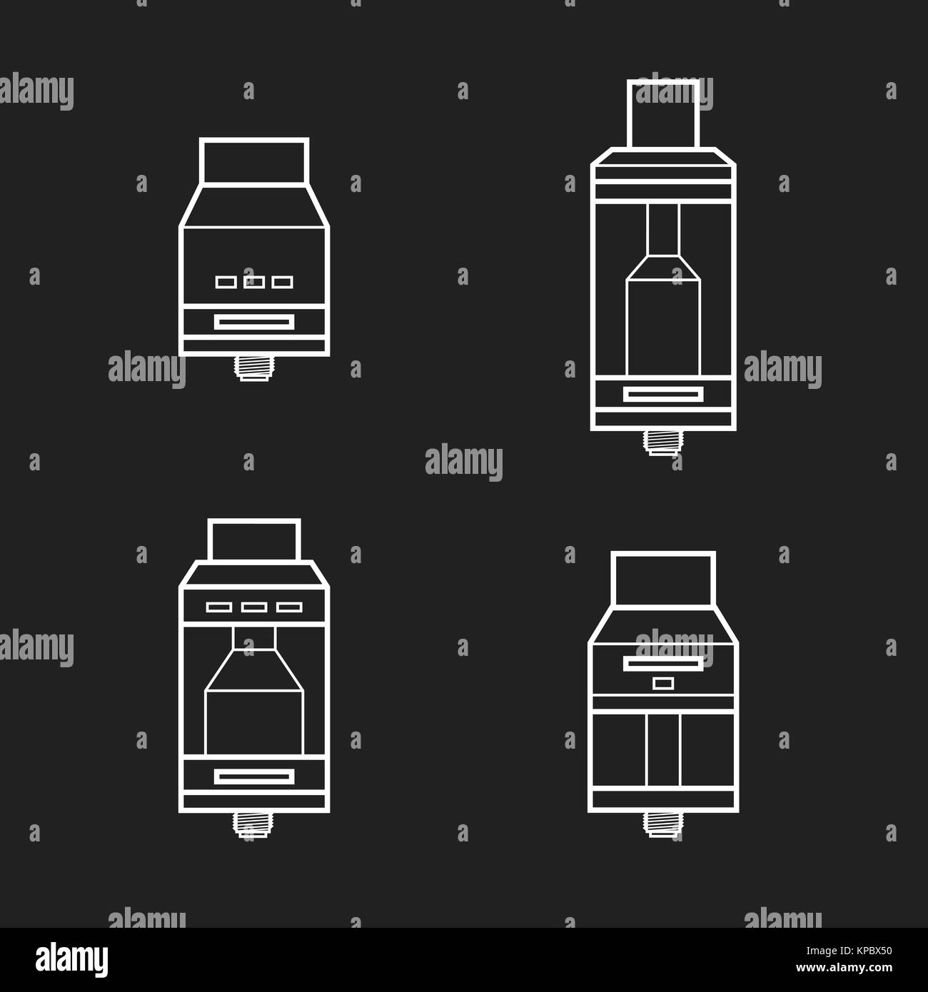 vector white monochrome outline illustrations various rebuildable drip and tank vape atomizers types RDA RDTA RBA RTA isolated on black background Stock Vector