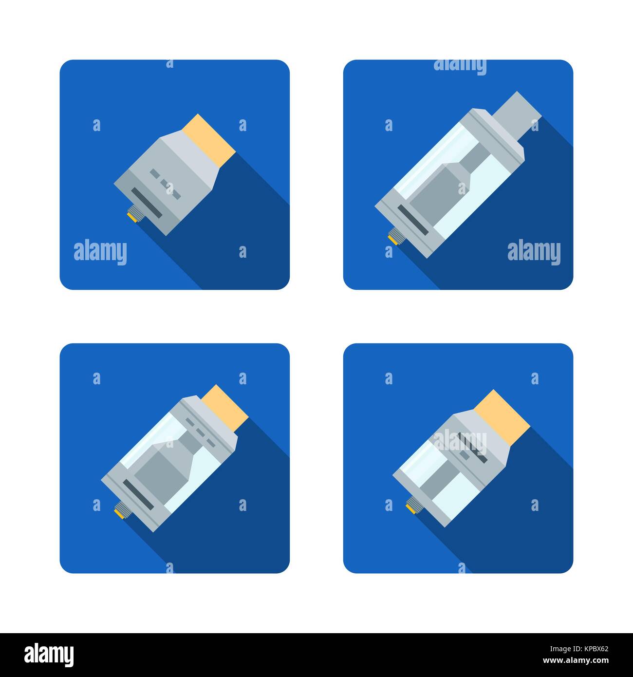 vector colorful flat design illustrations various rebuildable drip and tank vape atomizers types RDA RDTA RBA RTA long shadow square blue icons isolat Stock Vector