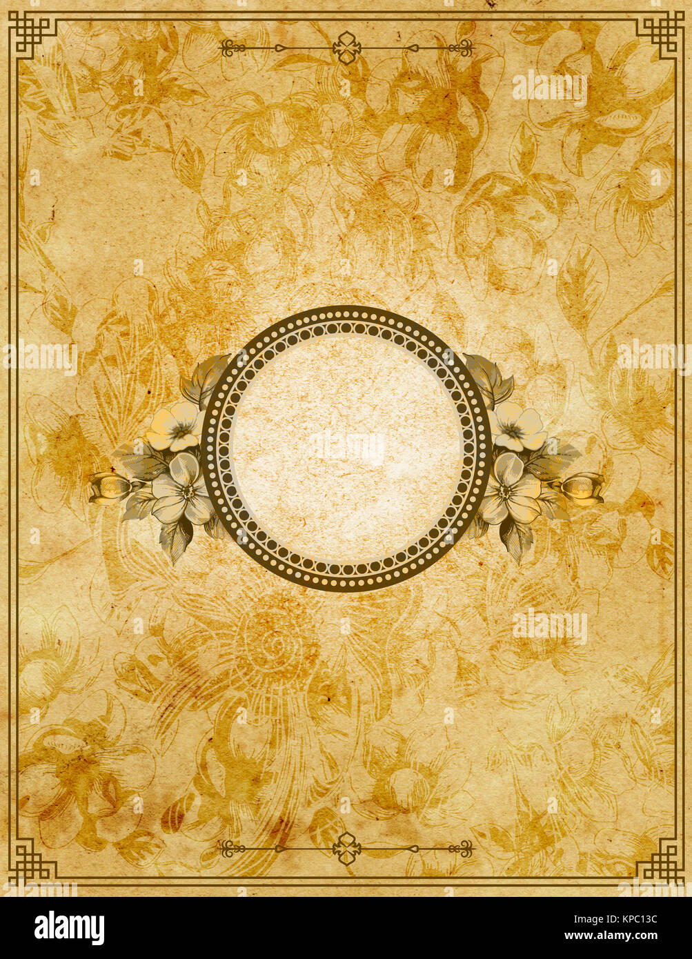 Old grunge paper background with floral patterns and decorative frame ...