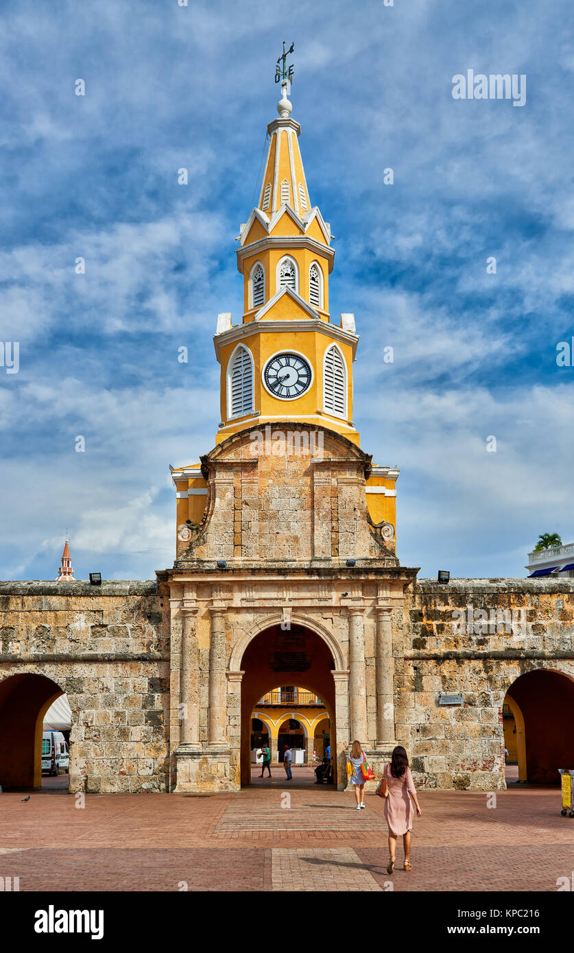 lock tower Torre del Reloj and Plaza de la Paz, Cartagena de Indias, Colombia, South America Stock Photo